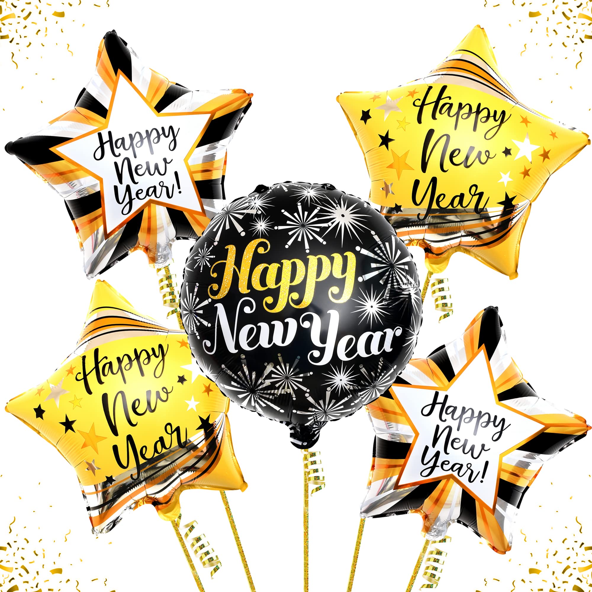 KatchOn Happy New Year Balloons Set - 5 Pack | Shiny 2025 NYE Party Balloons, New Year's Eve Decorations | Foil Balloons for 2025 Celebrations | Perfect for Home, Office & New Year's Eve Party Decorations