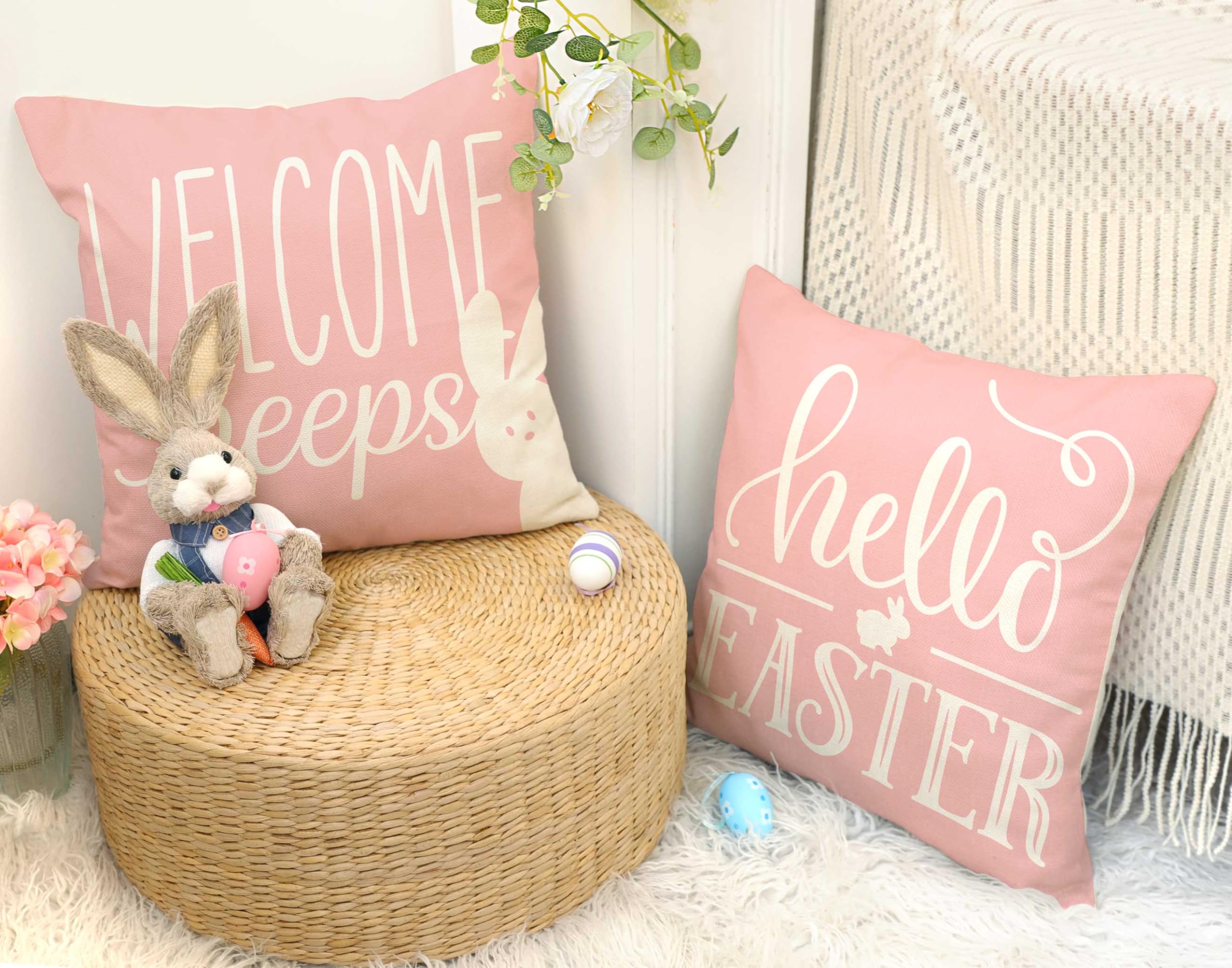 4 Pack Easter Pillow Covers 16x16 Inches - Farmhouse Spring Decor with Buffalo Plaid Bunny Design in Pink - Cushion Cases for Sofa, Bed, Living Room Easter Decorations