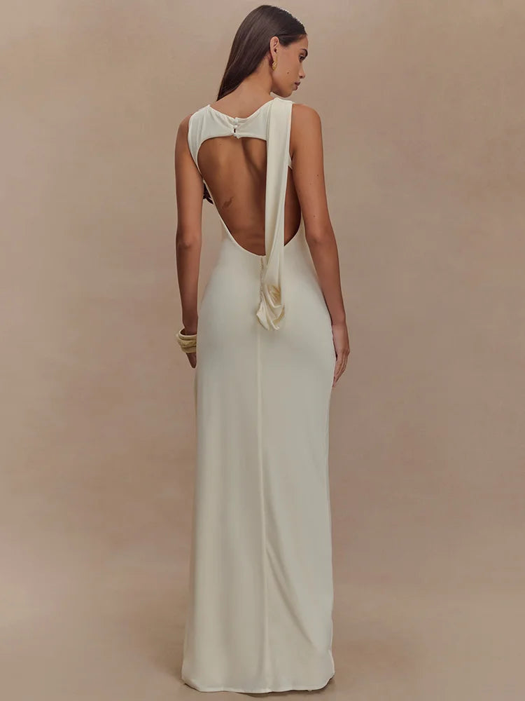 Sexy Backless Ruched Maxi Tank Dress for Women - Elegant O Neck Thigh High Split Bodycon Long Gown | Perfect for Summer Parties, Date Nights & Beach Vacations
