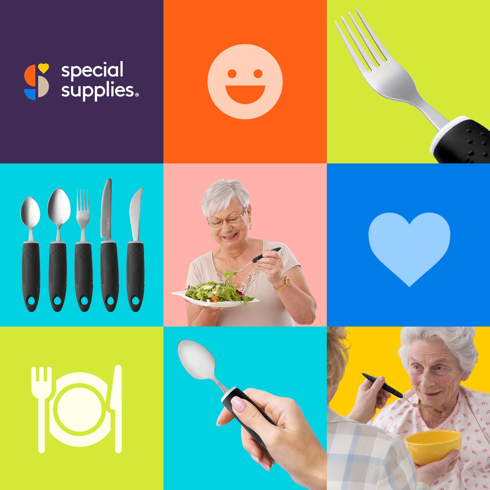 Adaptive Utensils for Hand Tremors & Arthritis - 5-Piece Non-Slip Kitchen Set with Wide Handles for Parkinson's, Elderly & Disabled Users (Black) - Ideal for Easy Eating & Independent Living