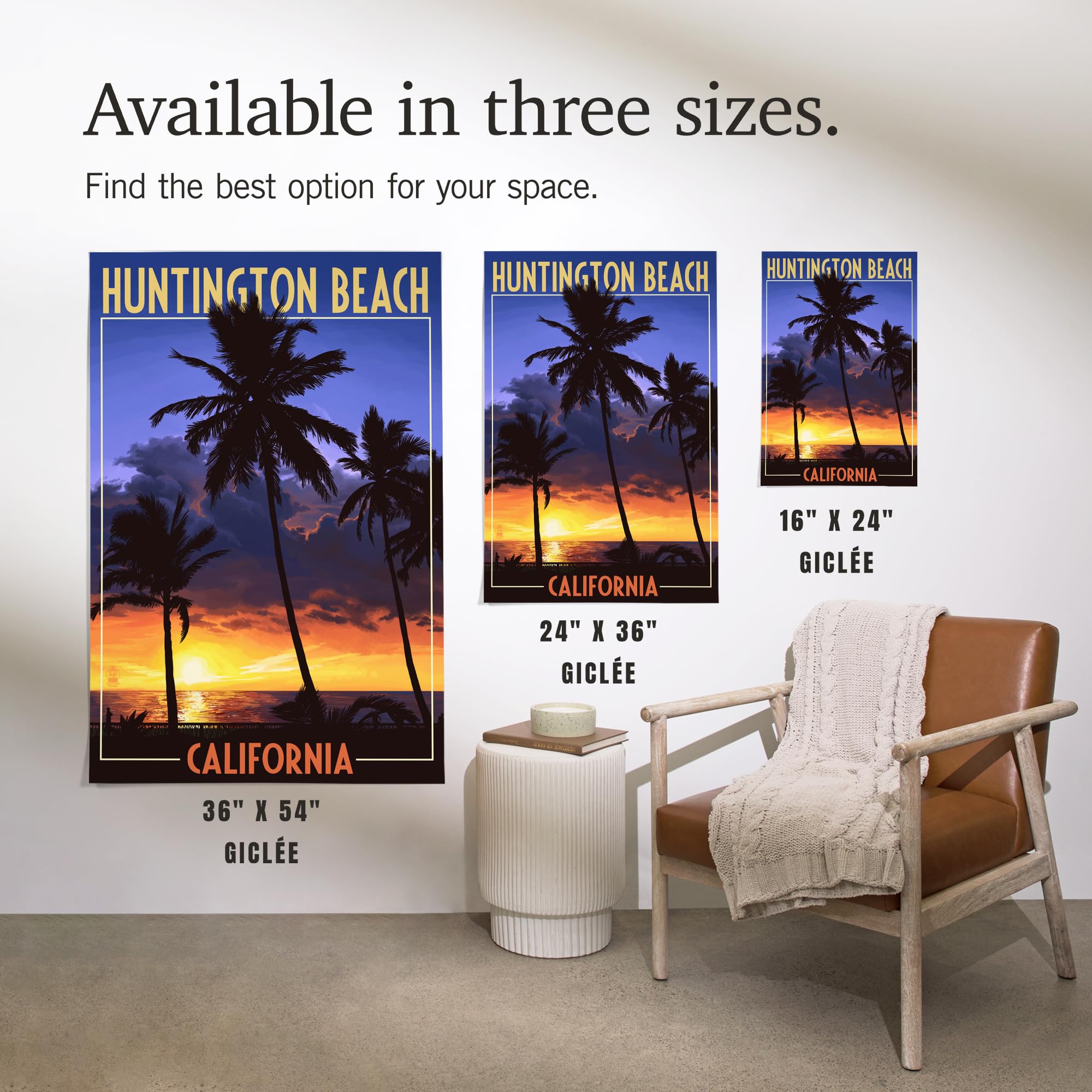 Lantern Press 16x24 Inch Giclee Art Print - Huntington Beach California Sunset with Palm Trees | Coastal Wall Decor for Living Room, Bedroom & Office
