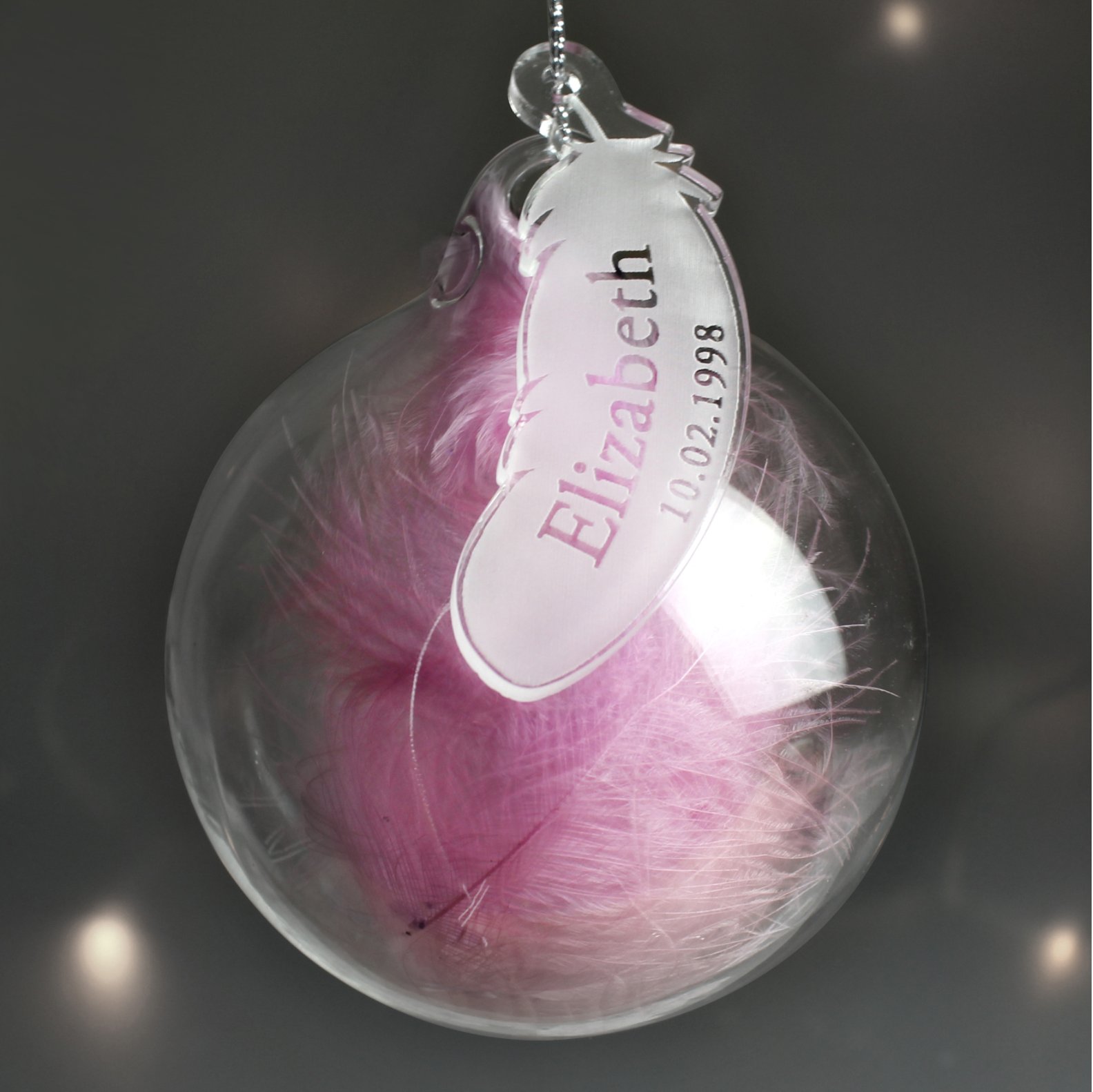 Personalized Pink Feather Christmas Ornament with Custom Name & Date - Elegant Glass Bauble for Holiday Tree Decor, Gift, and Keepsake