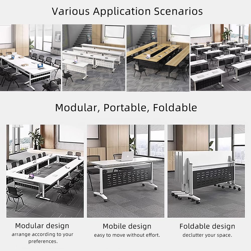 Folding Conference Table with Silent Wheels - Large Rectangle Meeting Seminar Table 55×16×30in - Mobile Office Solution for Business Meetings & Conference Rooms (Light Maple & Black Frame) | Perfect for Corporate Events, Training Sessions & Collaborative Workspaces