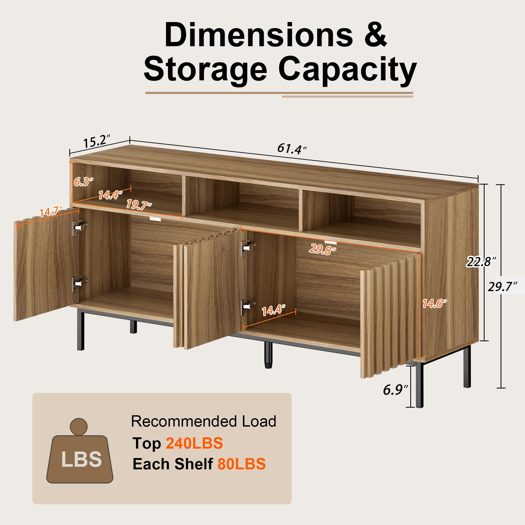 Mid Century Modern Sideboard Buffet Cabinet with Storage - 61.4