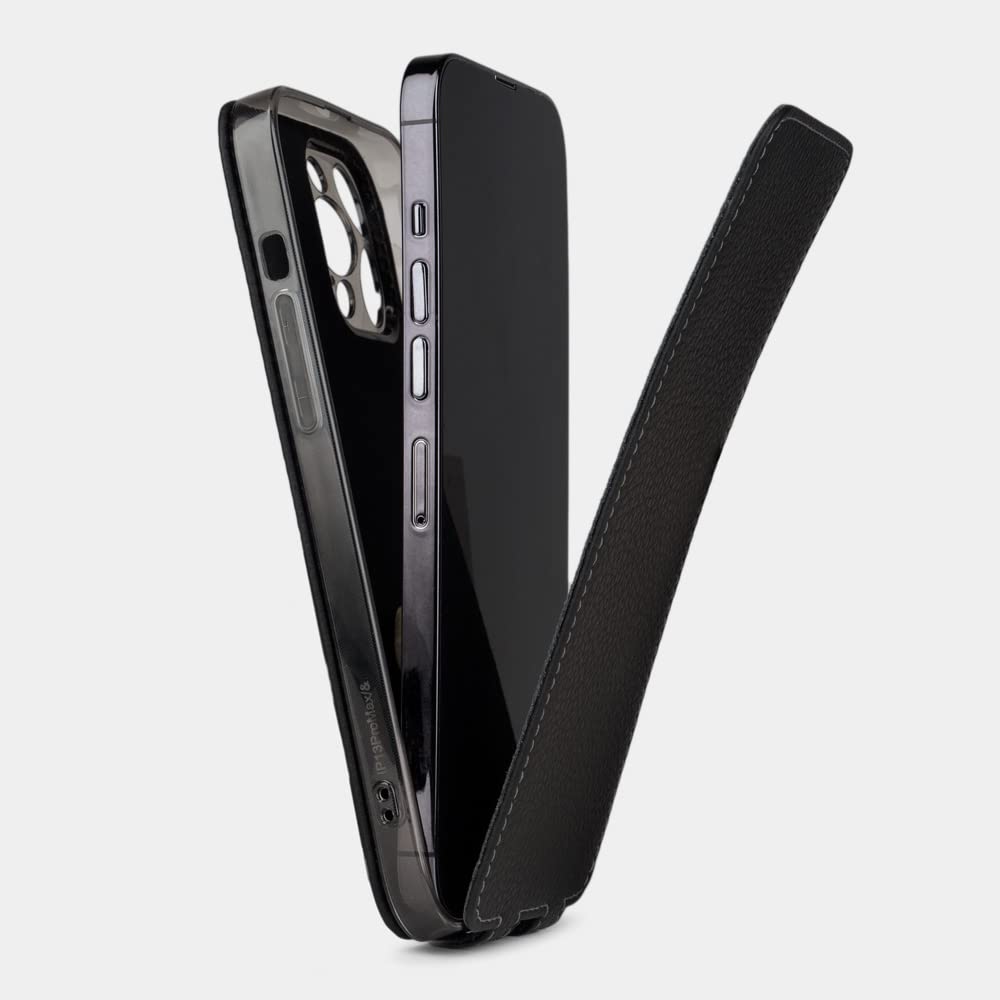 Premium Ultra Thin Leather Folio Case for iPhone 13 Pro - Patented Design - Handcrafted in France - Black - Perfect for Business & Travel Protection