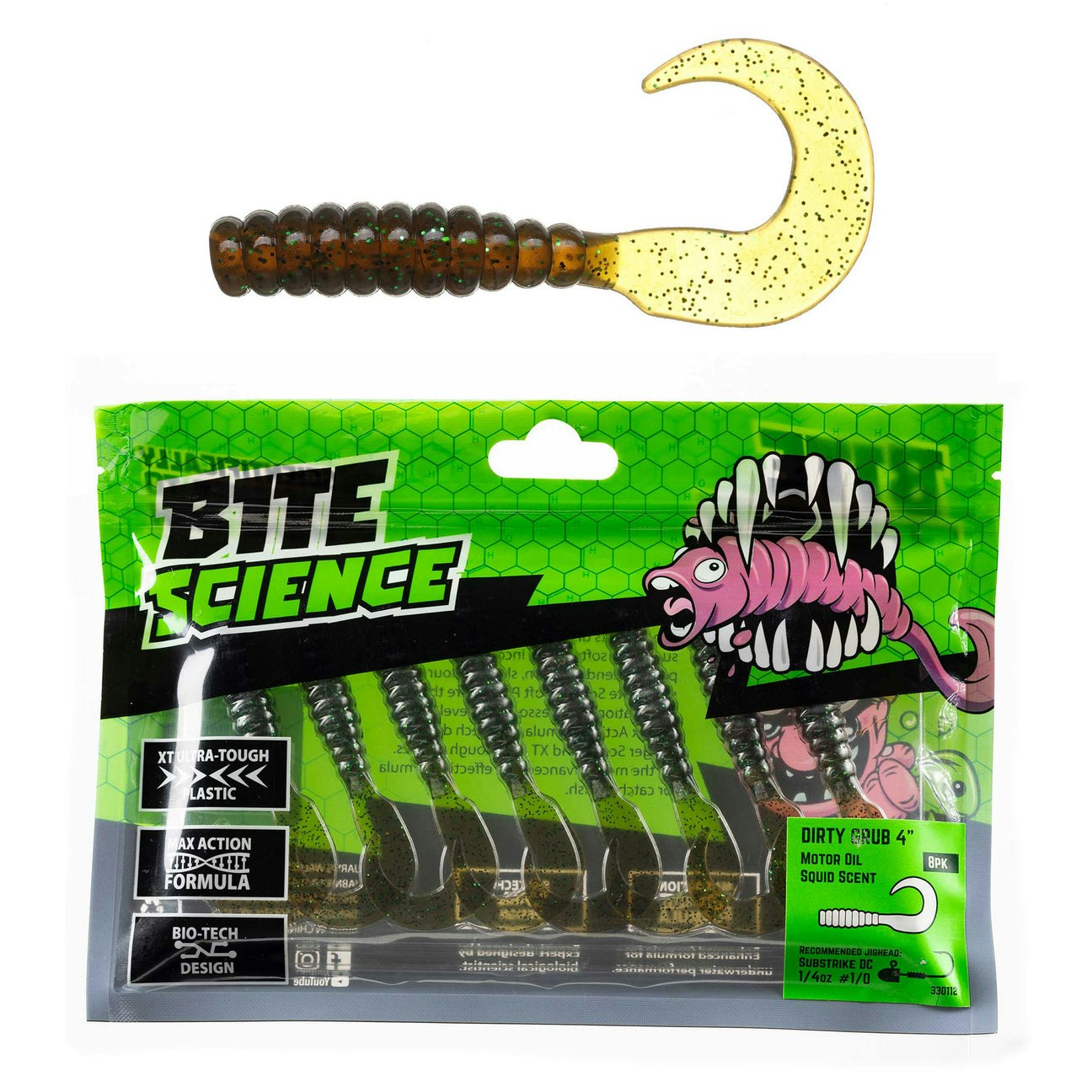 Bite Science Dirty Grub Fishing Lures 8-Pack - Soft Plastic Bait for Bass, Trout & Panfish - Ideal for Freshwater & Saltwater Fishing
