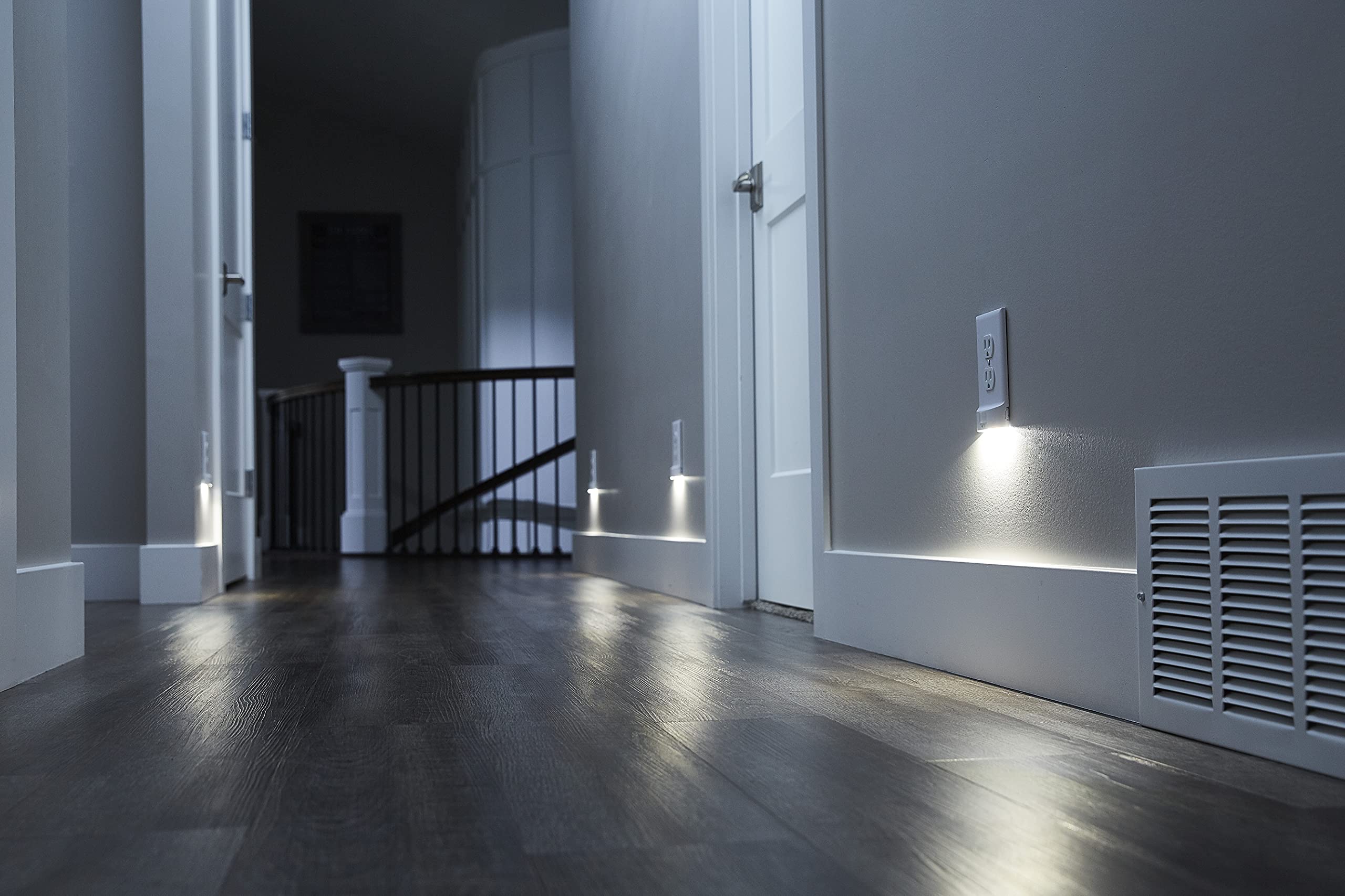 SnapPower 4 Pack Motion Sensor LED Night Light for Duplex Outlets - Auto On/Off Wall Plate Light with Bright/Dim/Off Options - Ideal for Hallways, Bedrooms & Bathrooms (Black)