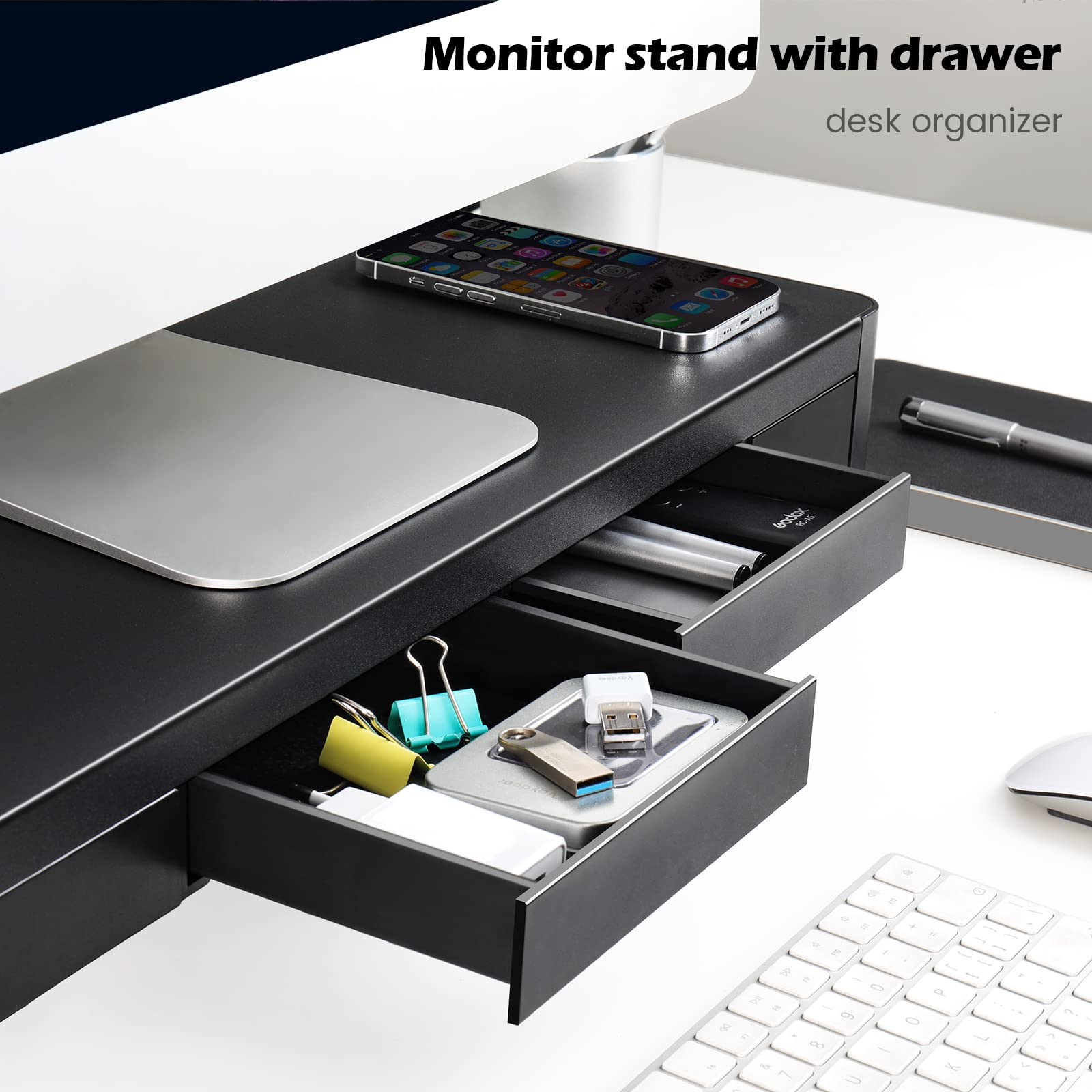 2-in-1 Metal Monitor Stand with Storage Drawers & 4 USB Hub - Adjustable Computer Riser for PC, Laptop, iMac - Perfect Desk Organizer for Home Office & Workspace