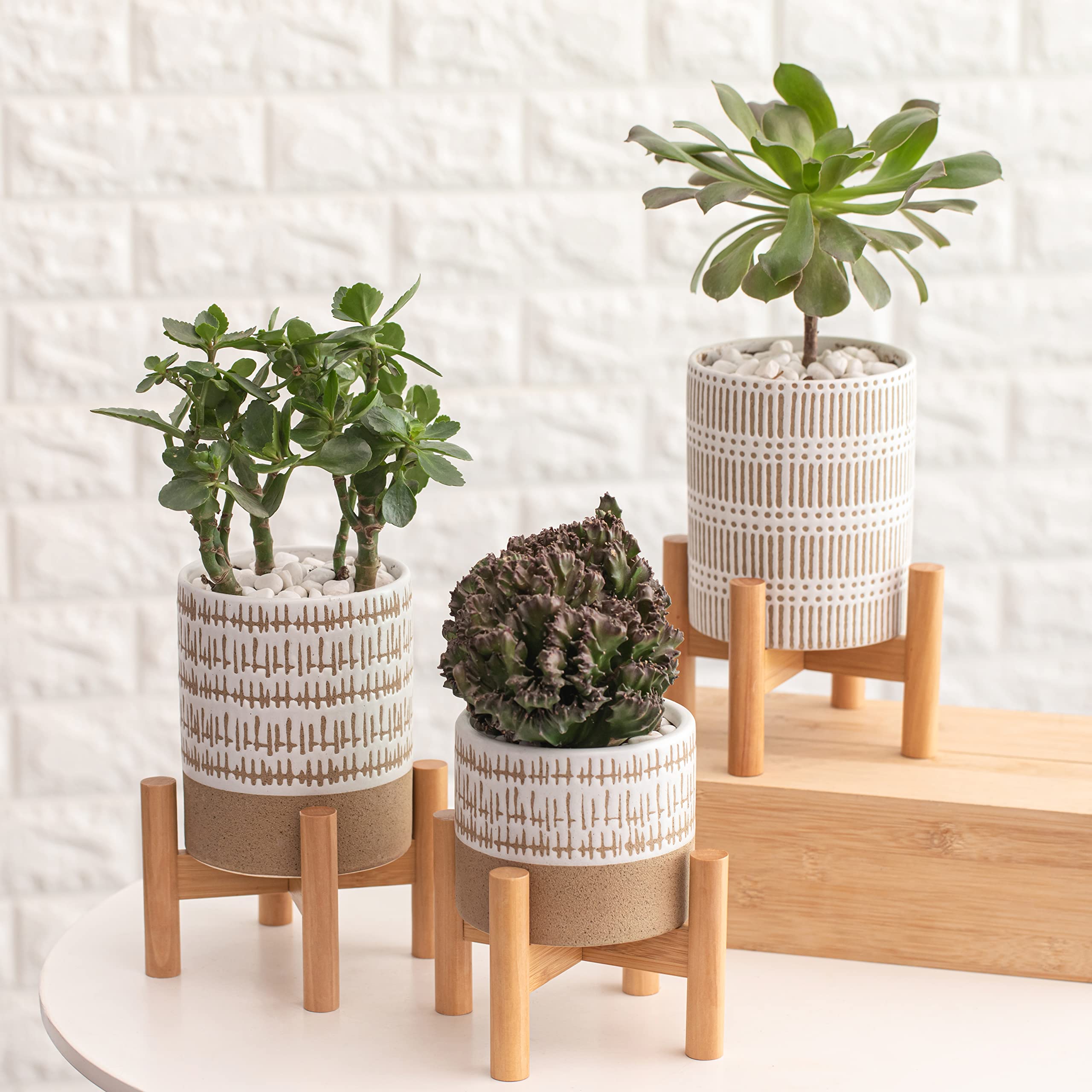 Set of 3 Mini Planters with Stands - Small Ceramic Flower Pots with Wooden Stands for Indoor Plants, Herbs, Succulents | Mid Century Modern Home Decor for Living Room, Office Desk, Windowsill | Plants Not Included