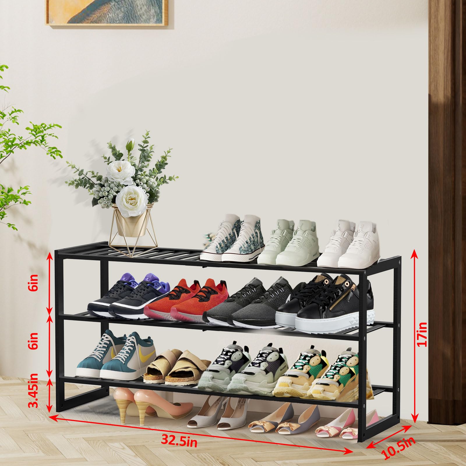 3-Tier Stackable Bamboo Shoe Rack Organizer - Holds 12-15 Pairs of Shoes for Closet, Entryway, Hallway, Bedroom & Garage - Space Saving Foldable Shoe Shelf (Black) - Perfect for Small Spaces & Shoe Storage Organization