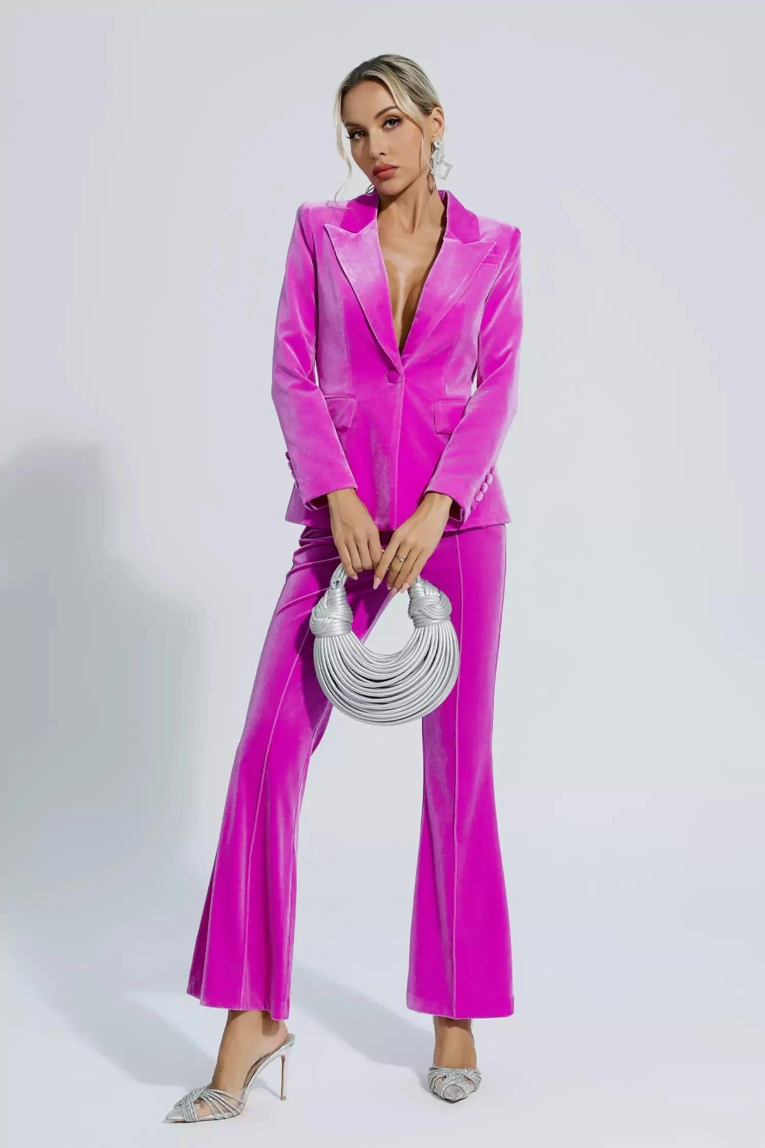Fuchsia 2-Piece Velvet Single Button Slim Fit Women's Business Suit Set - Perfect for Office Wear, Formal Events & Professional Occasions