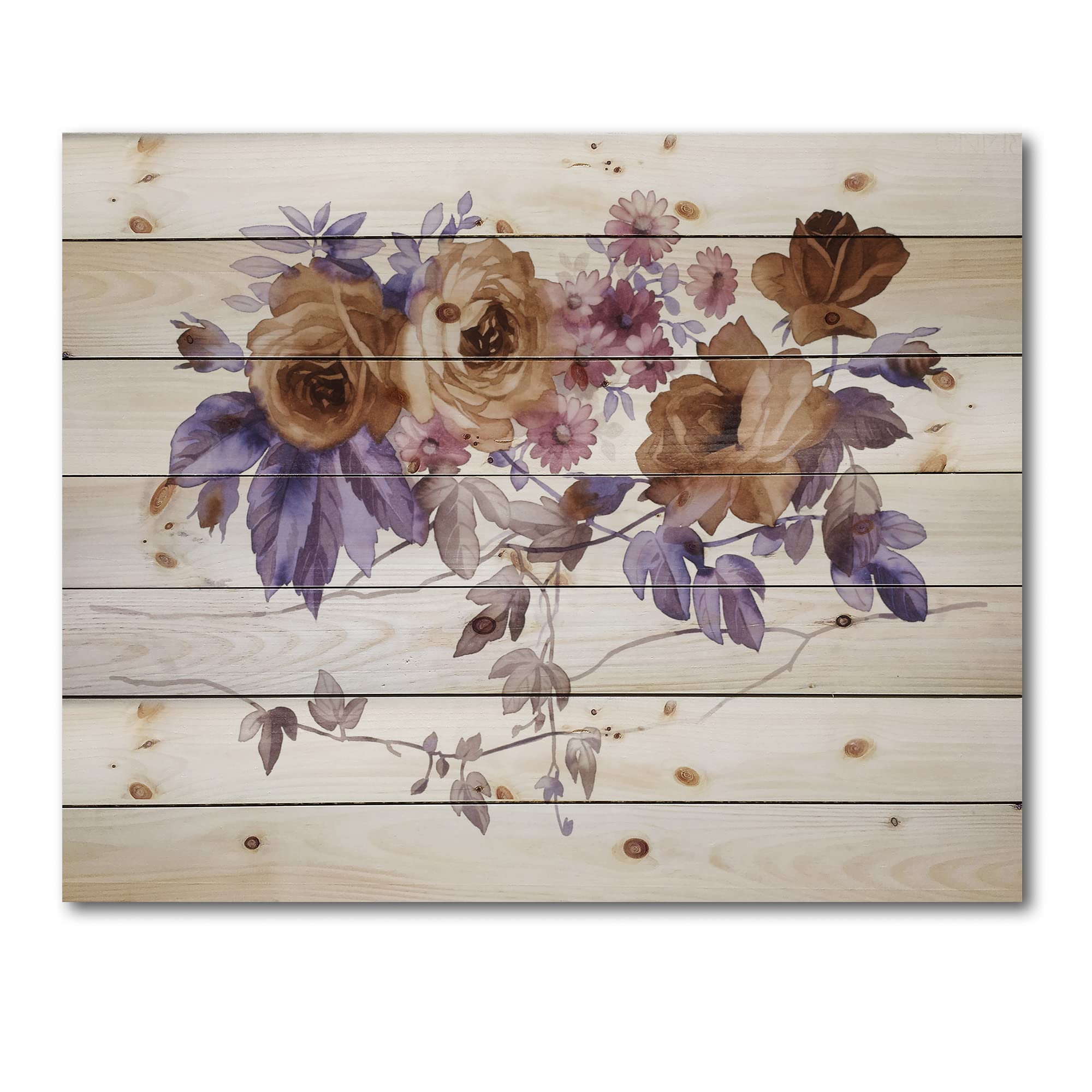 DesignQ Purple Wildflowers Traditional Wood Wall Decor - Large Floral Wall Art Panel Printed on Natural Pine Wood - Perfect for Living Room, Bedroom & Home Office Decoration
