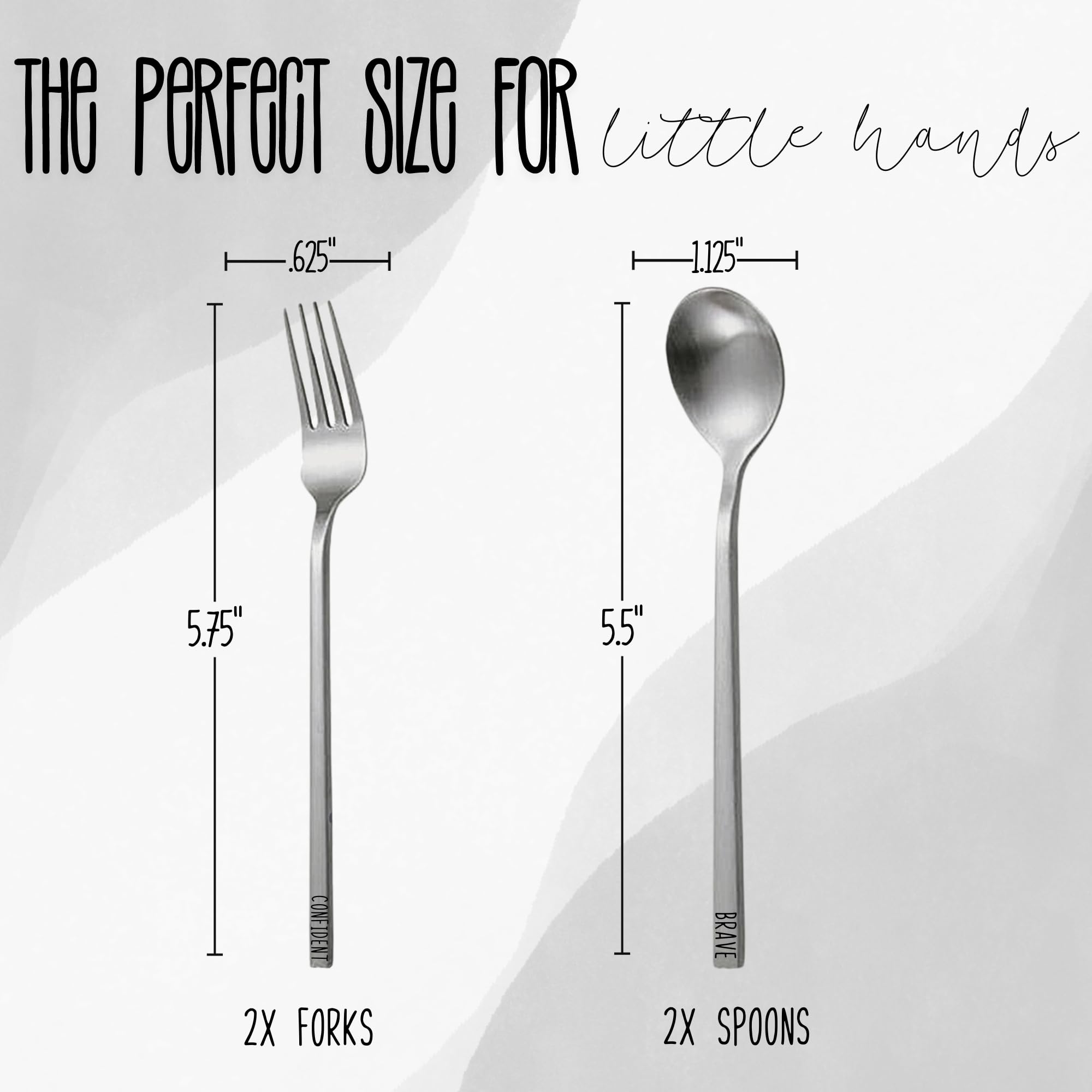 **Stainless Steel Toddler Spoons & Forks Set - 4pc Self-Feeding Utensils for Kids Ages 2-6 | Engraved with Motivational Words to Encourage Healthy Eating | Perfect for Home, School & Travel**