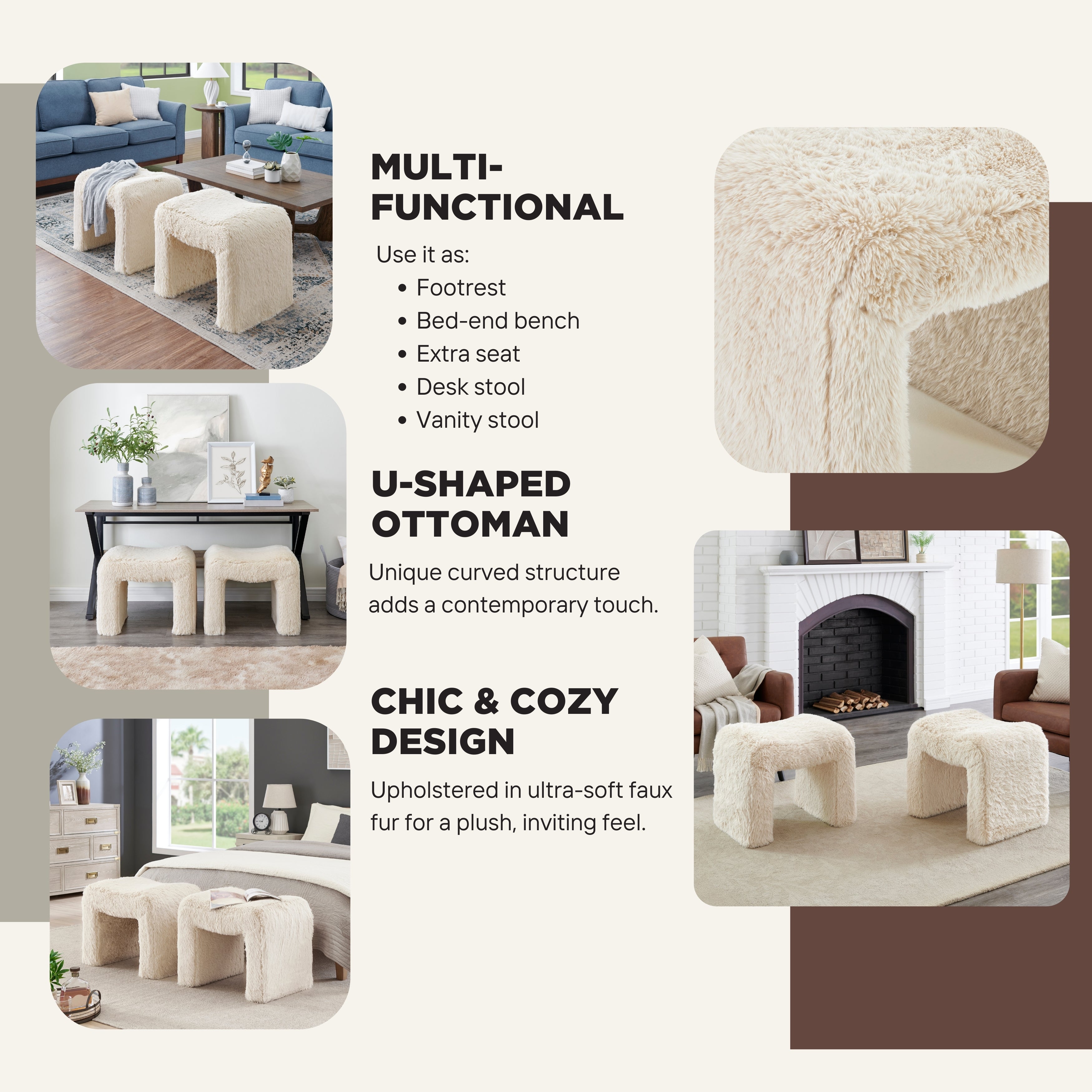 Roundhill Furniture Zorya Contemporary Faux Fur U-Shaped Ottoman Set of 2 - Modern Living Room Accent, Bedroom Footrest, Cozy Home Decor for Stylish Comfort