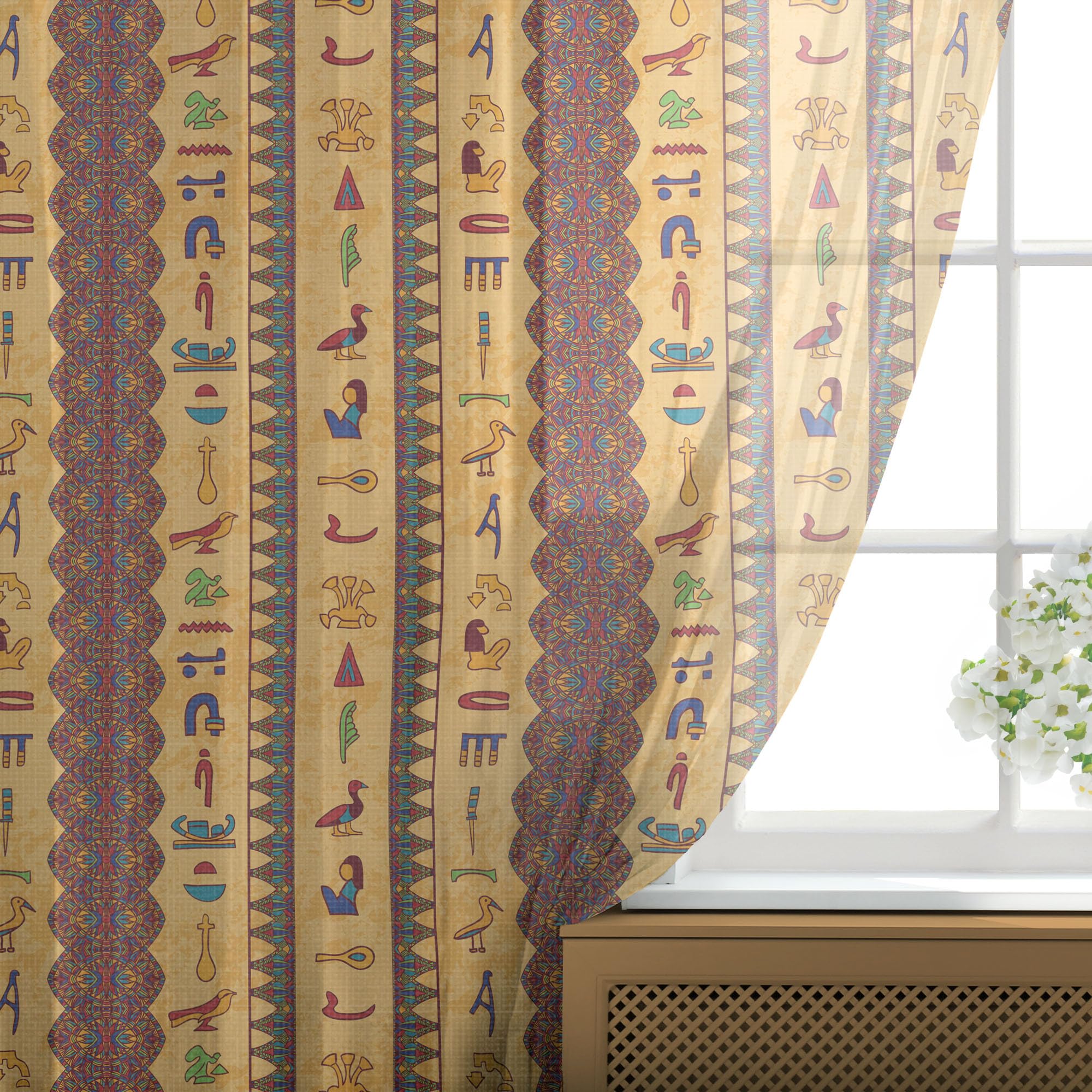 Ambesonne Egyptian Print Tulle Curtains - Hieroglyphic & Floral Geometric Border, Vintage Paper Style Sheer Drapes with Rod Pocket (108
