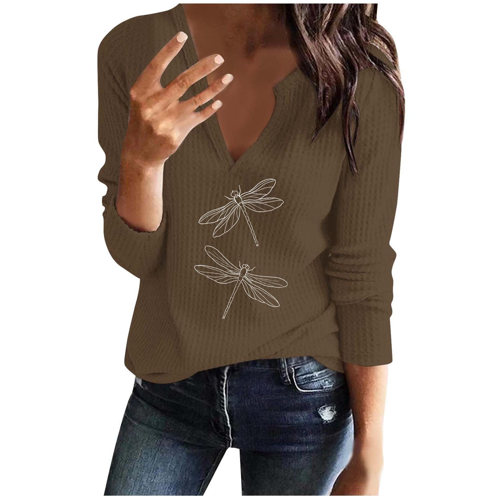 Women's Long Sleeve V-Neck Waffle Knit Pullover Blouse with Dragonfly Print - Casual Loose Fit Tops for Fall, Workout & Everyday Wear