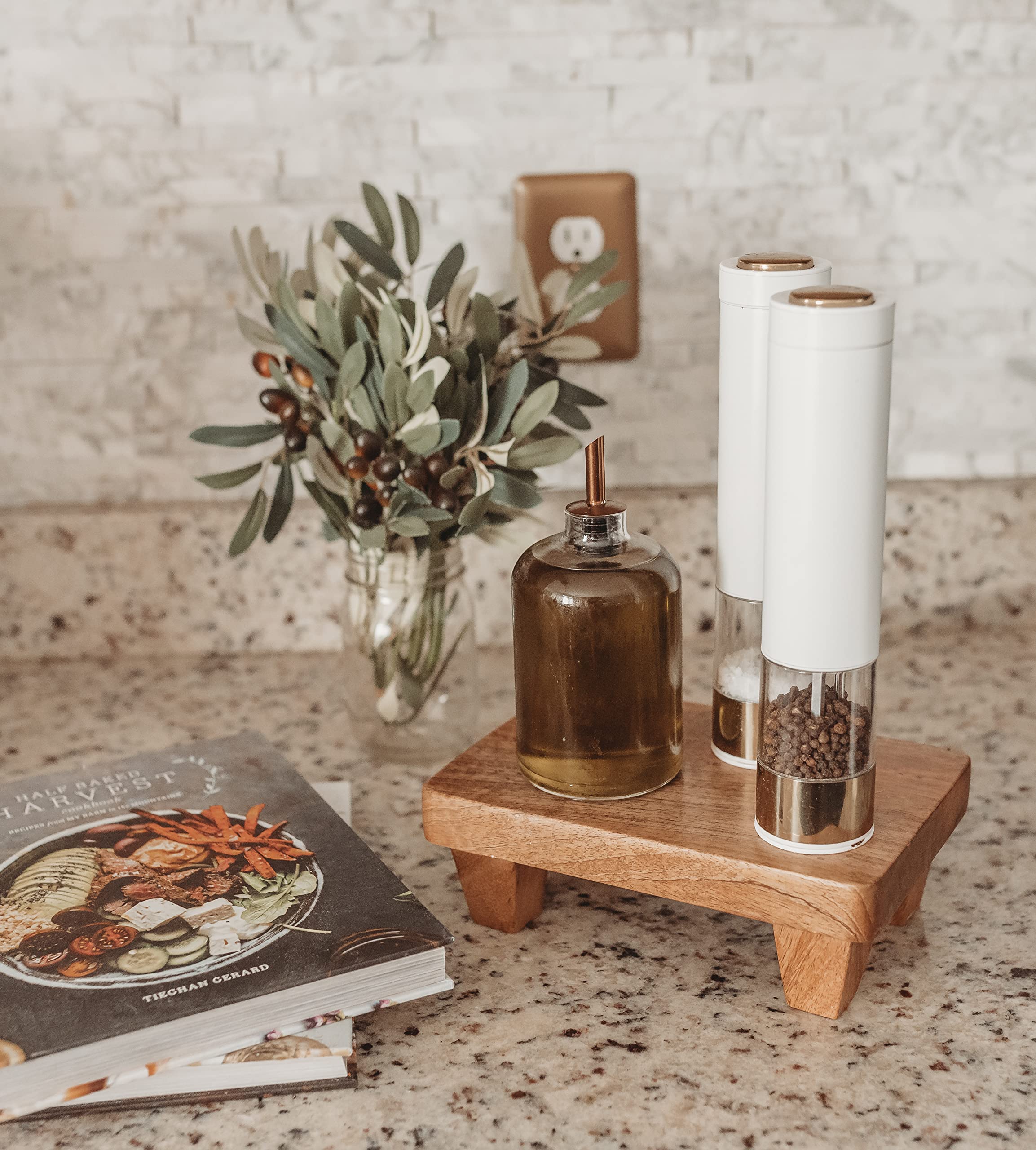 Hand Carved Mango Wood Display Riser Shelf - Decorative Pedestal Tray for Plants, Home Decor, Kitchen & Bathroom Accessories | 2 Finishes (Polished/Natural) | Perfect for Vanity Organizers, Centerpiece Displays & Bathroom Storage