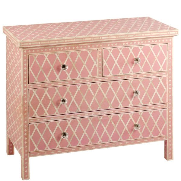 Handmade Pink Bone Inlay Dresser with 4 Drawers & Diamond Design - Vintage Indian Furniture for Bedroom, Living Room & Home Decor