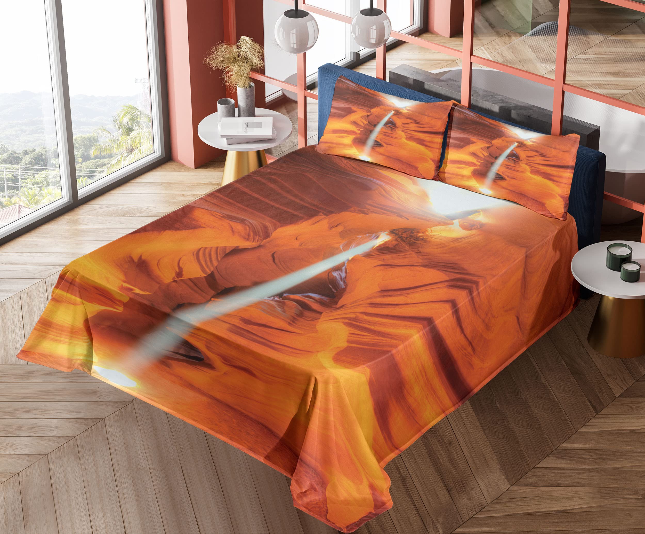 Ambesonne Americana King Size 4-Piece Sheet Set - Majestic Scenery Sunbeam Sandstone Antelope Canyon Nature Design, Orange Yellow & White Bedding with Fitted Sheet, Flat Sheet & Pillowcases - Perfect for Southwest Style Bedrooms, Vacation Homes & Nature-Themed Decor