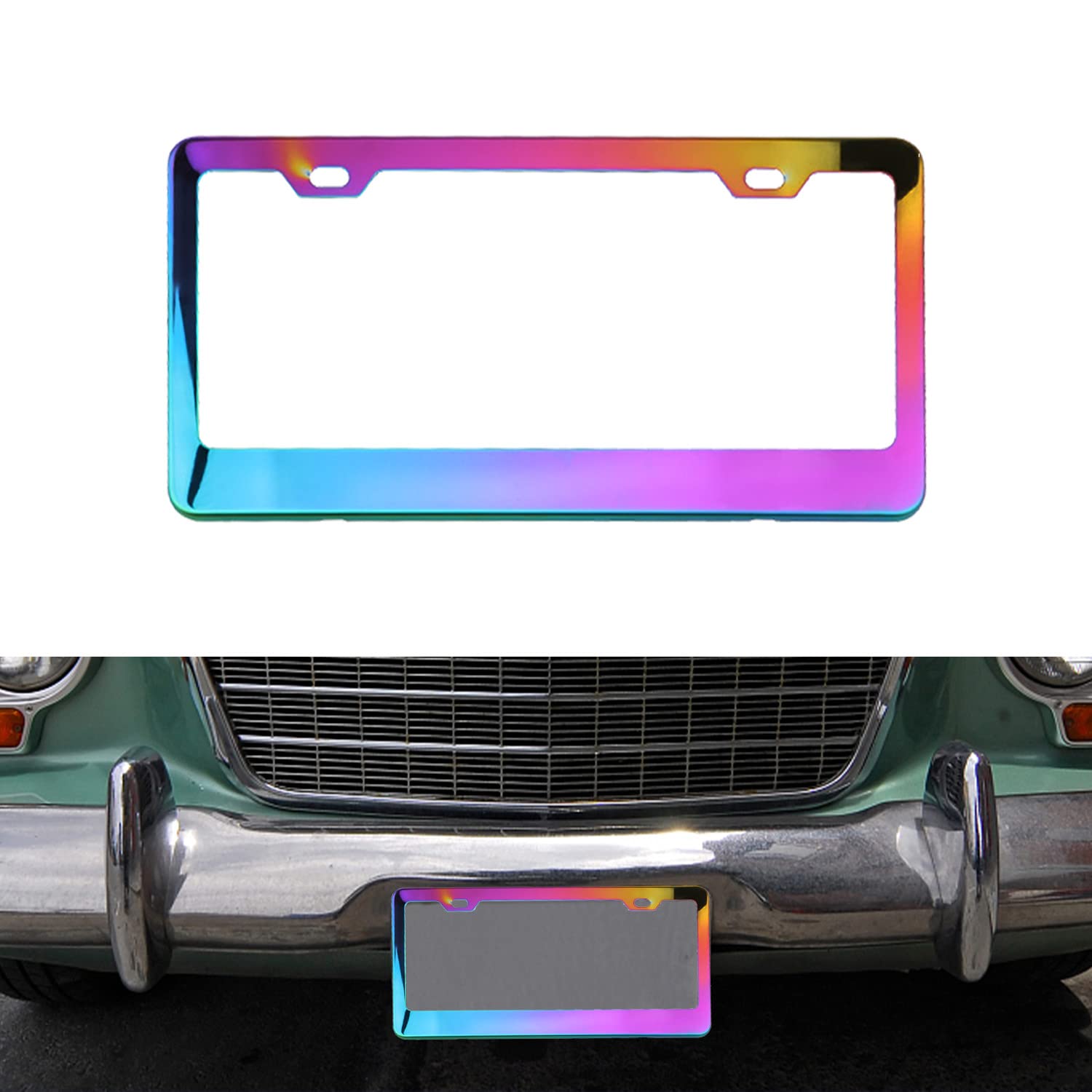 1 PC Slim Chrome Chameleon Design Car License Plate Frame - SUV/Truck License Plate Cover Holder (12.2In x 6.3In, Multicolored) - Durable & Stylish Auto Accessory for Cars, Trucks, SUVs - Perfect for Customization & Vehicle Protection