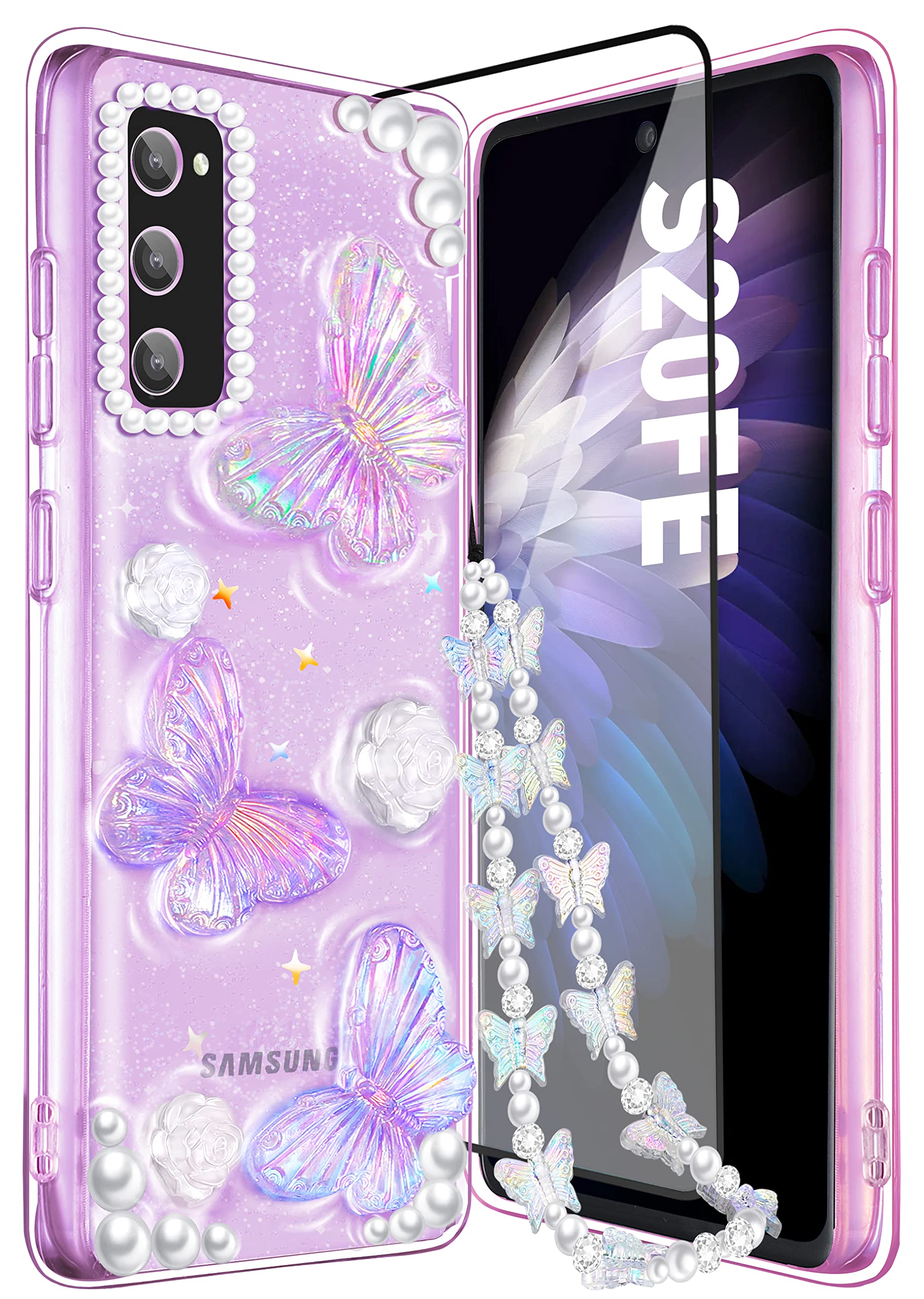 3-in-1 Samsung Galaxy S20 FE 5G/4G Phone Case for Women - Glitter Butterfly Clear Cover with Chain & Screen Protector | Cute Girly Design for Teens & Girls | Perfect for School, Work & Daily Use
