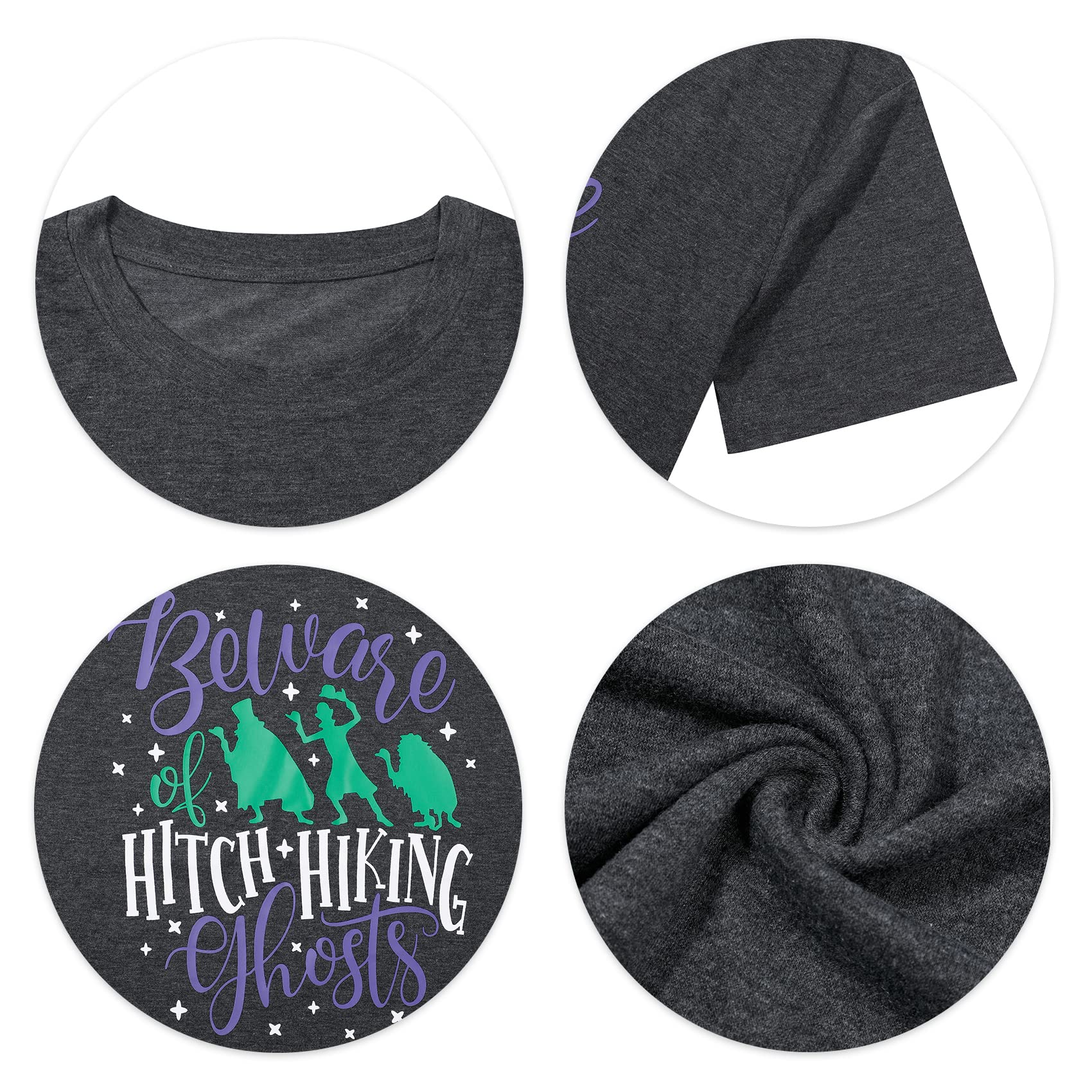 Funny Beware of Hitch Hiking Ghost T-Shirt for Women - Haunted Halloween Short Sleeve Tee - Perfect for Halloween Parties, Costume Events & Spooky Outfits