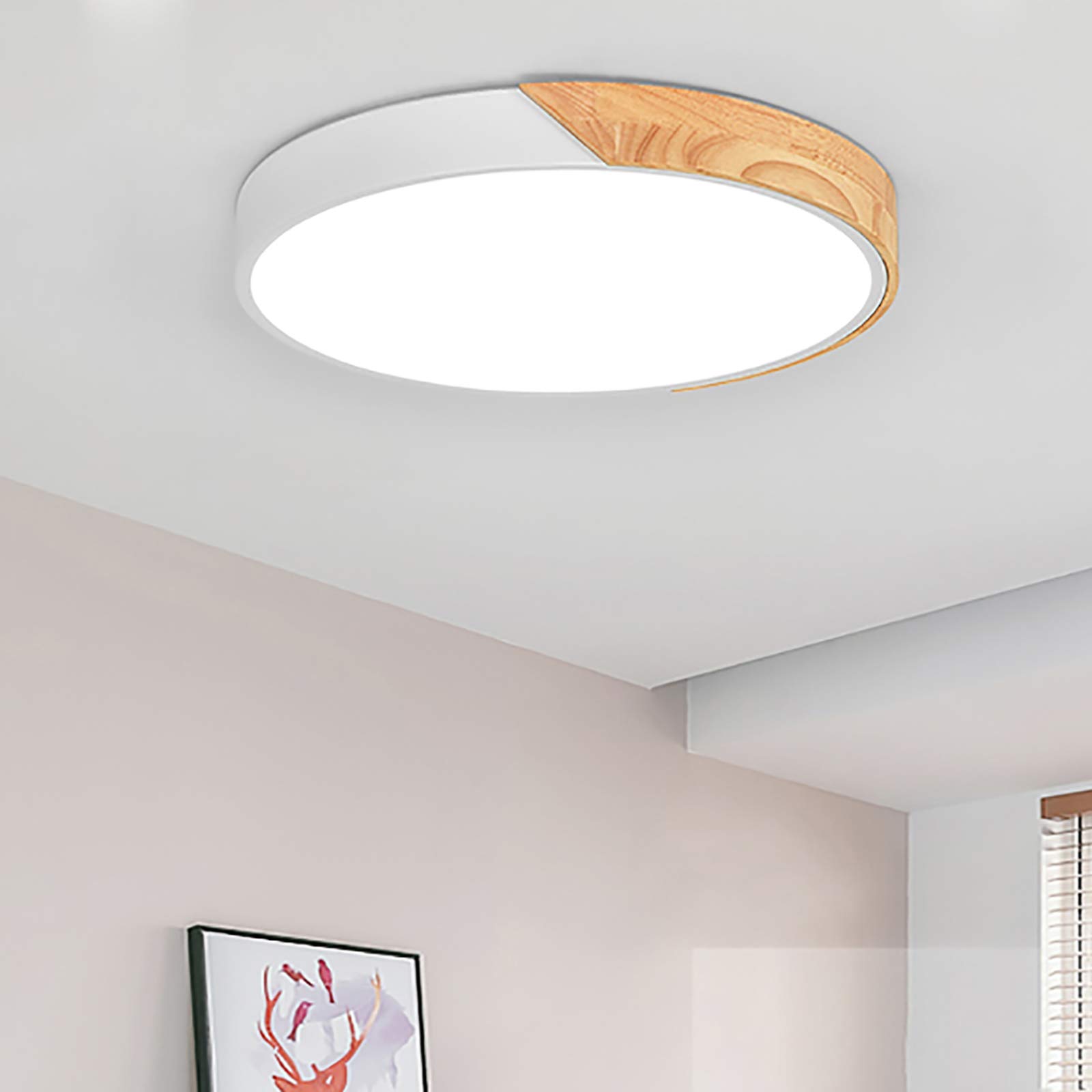 Modern Minimalist LED Flush Mount Ceiling Light - 19 Inch Round Dimmable Fixture with Remote Control (Wood, Metal & Acrylic, White) - Perfect for Living Room, Bedroom, Kitchen and Office Lighting