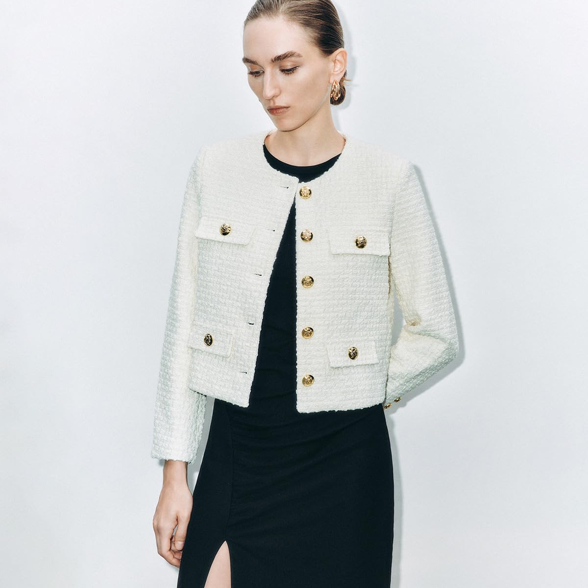 Women's Cropped Tweed Blazer Jacket - 2025 Fall Winter Business Casual Suit Coat with Long Sleeves | Perfect for Office Work, Business Meetings & Smart Casual Outfits