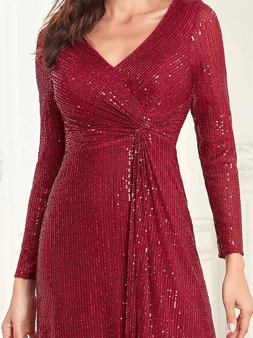 Elegant Long Sleeve V-Neck Sequin Evening Dress for Women - Wedding Guest Gown, Party Cocktail Dress, Formal Occasions & Special Events