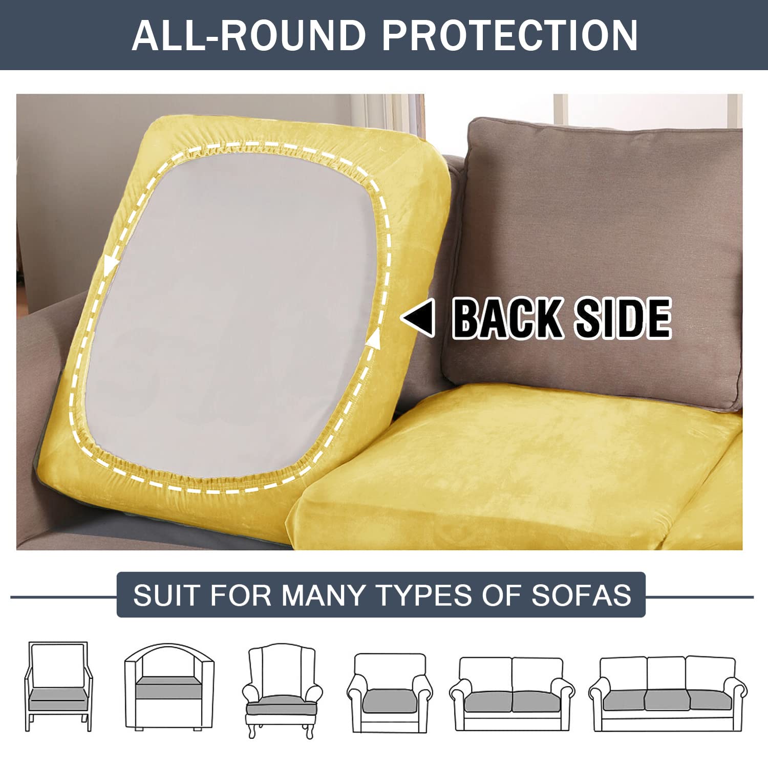 Soft Velvet Plush Stretch Cushion Cover with Elastic Bottom - Yellow Sofa Slipcover (Set of 3) | Furniture Protector for Living Room, Bedroom & Office Decor