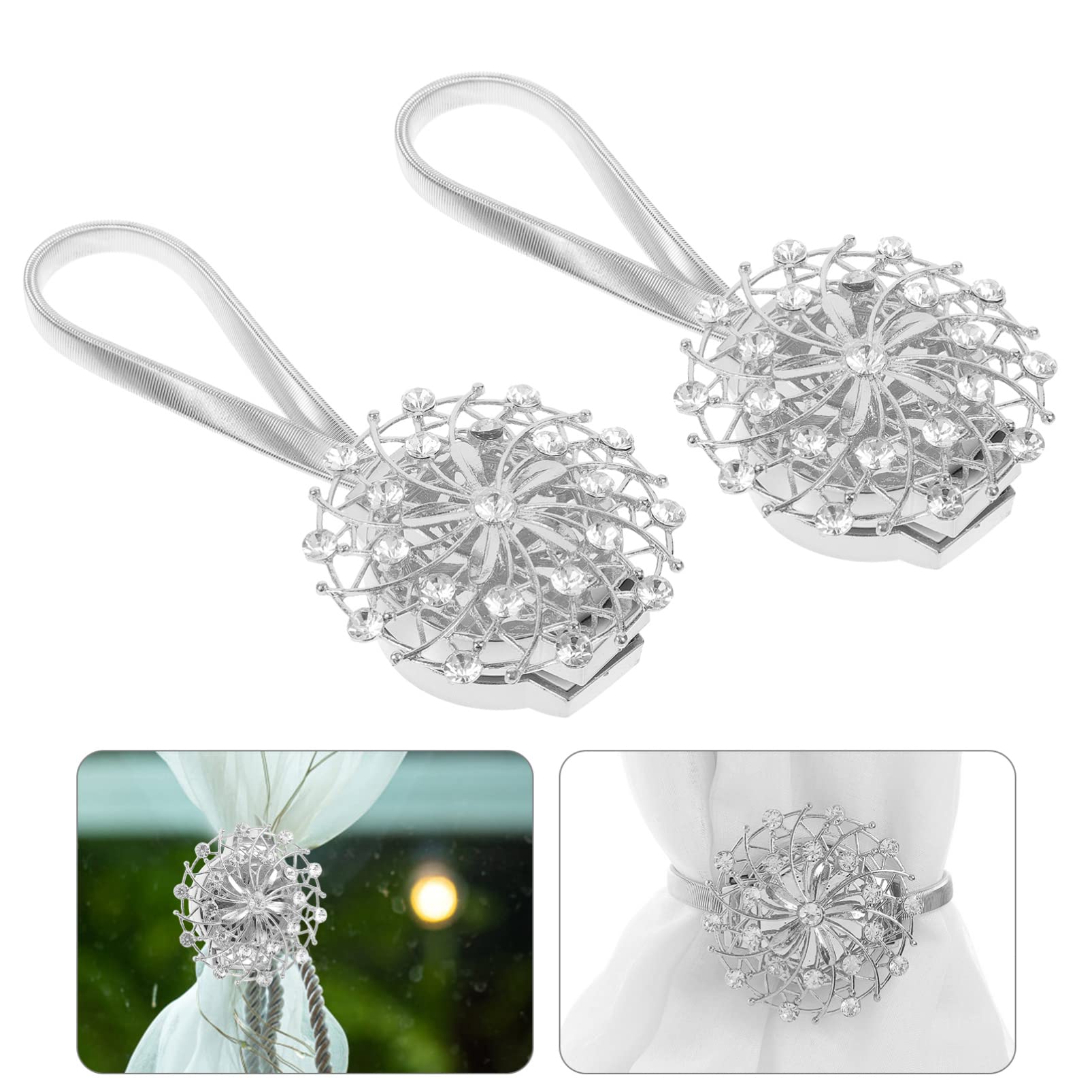 FOMIYES 2-Pack Silver Rhinestone Curtain Tiebacks - Crystal Drapes Holdbacks for Windows, Alloy Curtain Fasteners with Shiny Rhinestones - Perfect for Living Room, Bedroom & Wedding Decor