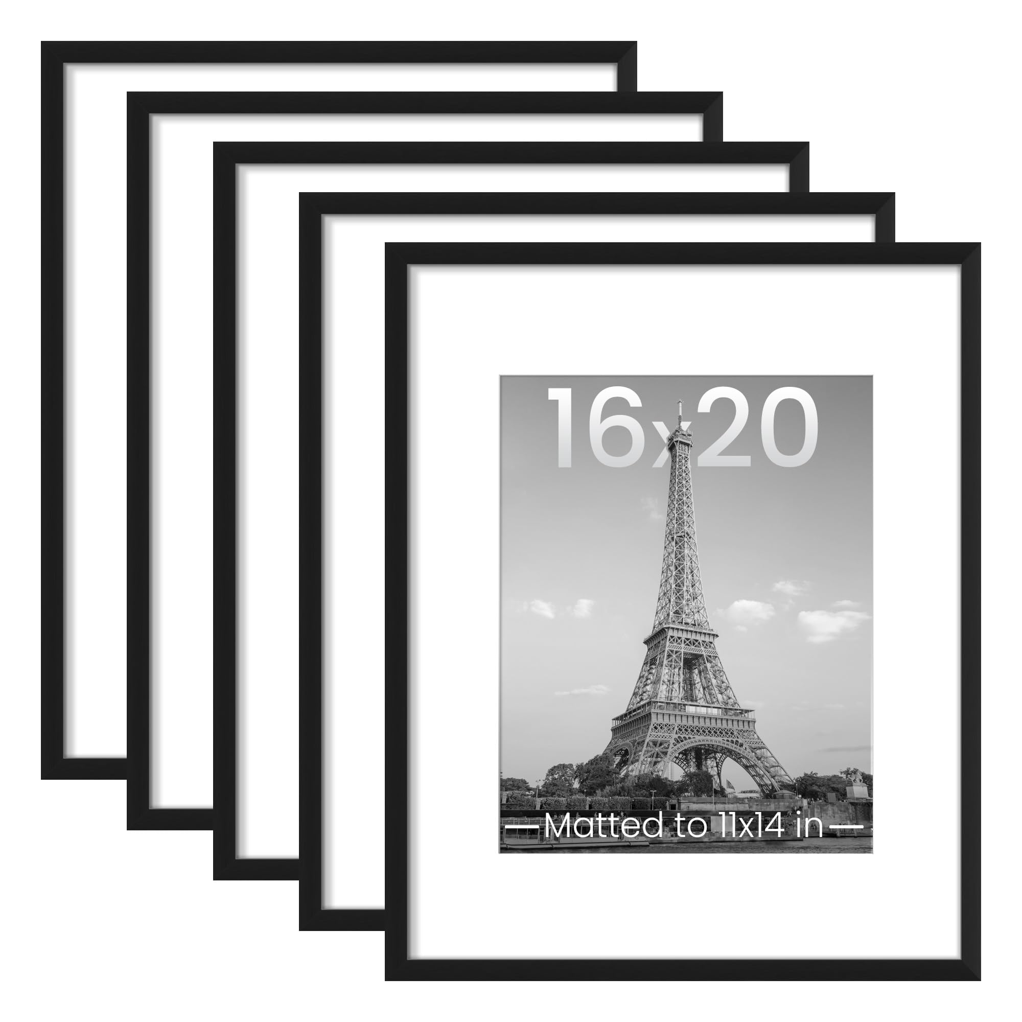 Upsimples 16x20 Picture Frame Set of 5 - Black Wall Gallery Frames for 11x14 Photos with Mat or 16x20 Without Mat - Perfect for Living Room, Bedroom & Office Decor