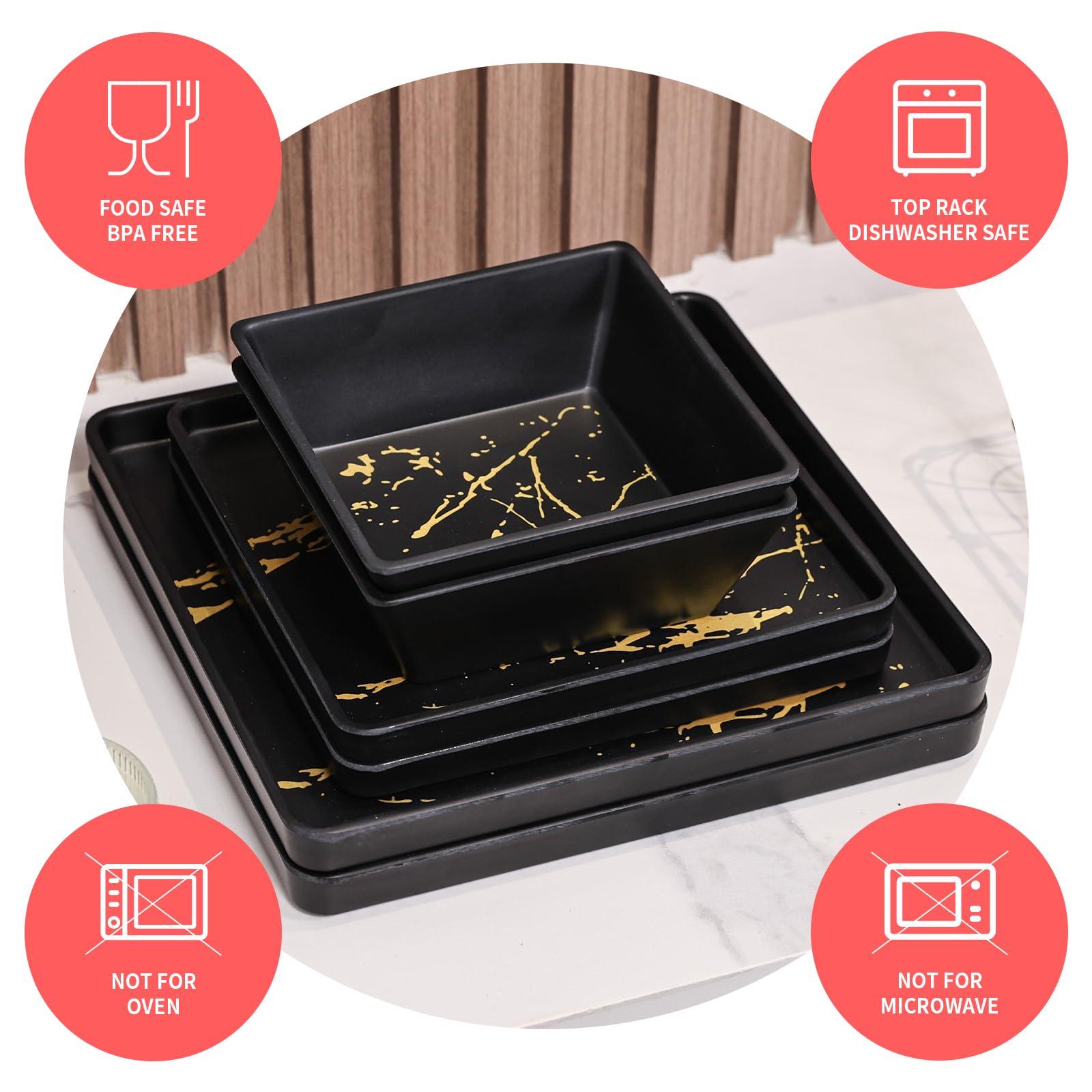 Premium 12-Piece Melamine Dinnerware Set - Square Plates & Bowls for 4, Durable & Dishwasher Safe, Elegant Black & Gold Design for Indoor/Outdoor Dining, Parties, and Picnics