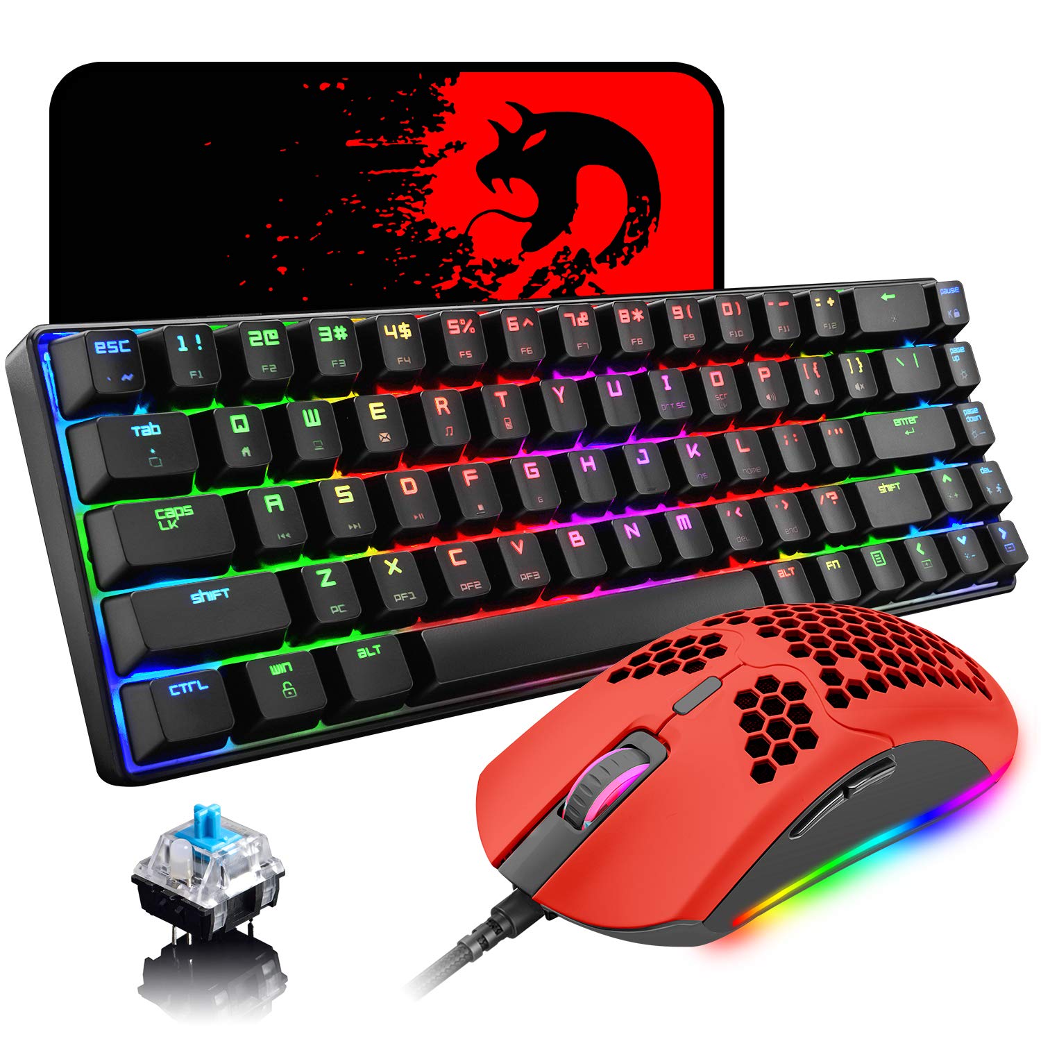 60% Mechanical Gaming Keyboard with Blue Switches - 68 Keys Wired USB Type C, Chroma RGB Backlit with 18 Lighting Effects | Lightweight Honeycomb Gaming Mouse 6400DPI | Large Gaming Mouse Pad - Perfect for Esports, PC Gaming & Office Work (Red)