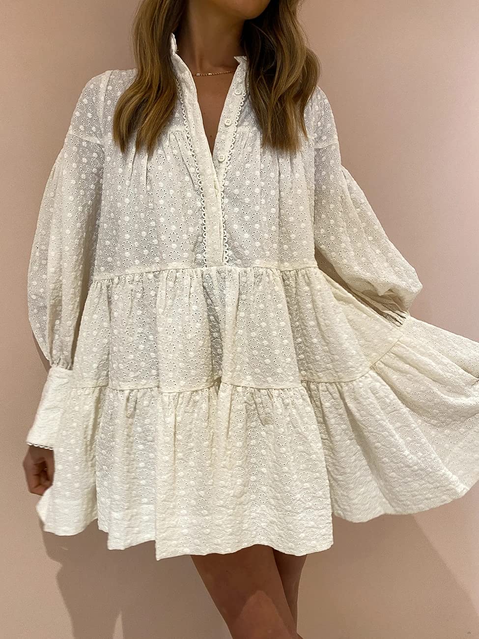 Aofur Women's Summer Cotton V-Neck Long Sleeve Loose Casual Party A-Line Dress with Embroidery - Perfect for Beach Vacations, Date Nights & Outdoor Events