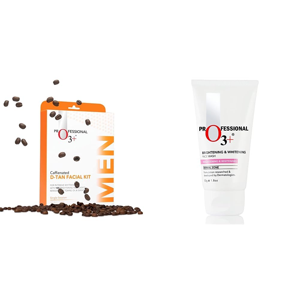 O3+ Caffeinated D-Tan Facial Kit & Brightening Whitening Face Wash 50g Combo - Exfoliating & Skin Brightening Treatment for Glowing Complexion | Perfect for Daily Skincare Routine & Special Occasion Prep