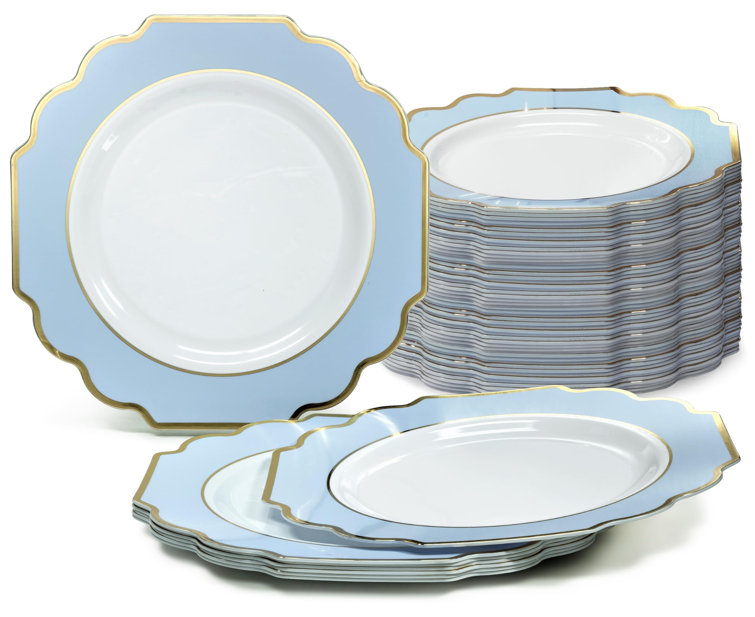 120-Pack Heavyweight Disposable Plastic Plates for Weddings & Parties - 10.5'' Dinner Plates in Elegant White, Blue & Gold - Perfect for Wedding Receptions, Birthday Parties & Special Events