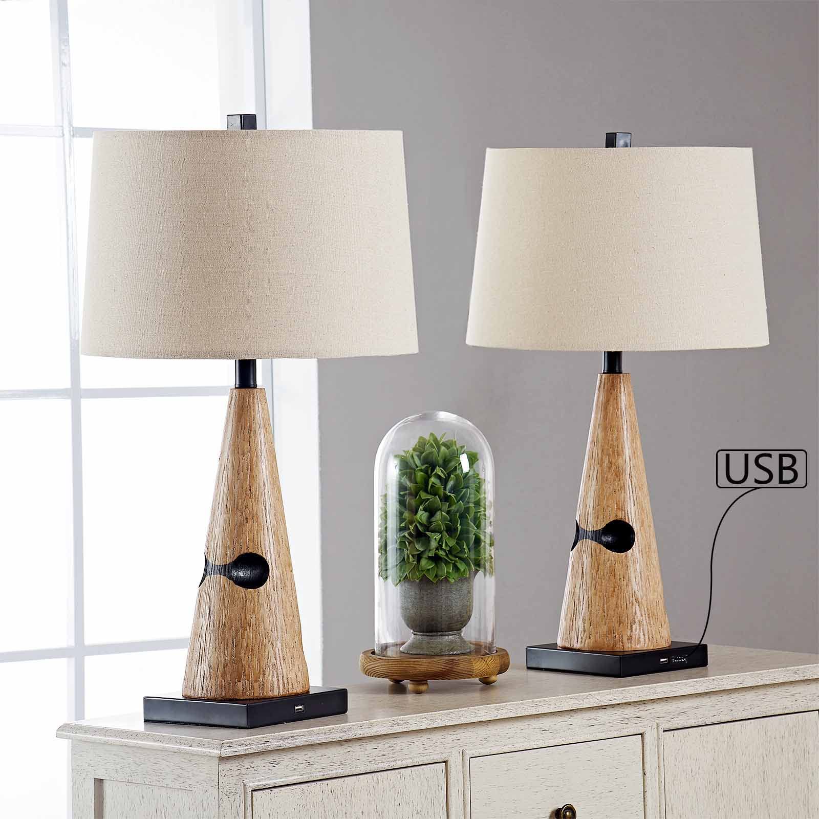 Maxax Rustic Table Lamps Set of 2 - Brown Poly Bedside Lamps with USB Charging Port & Oatmeal Drum Shade - 27 Inch Tall Nightstand Lamps for Living Room, Bedroom, Office Decor | Perfect for Cozy Reading Nooks & Modern Home Lighting