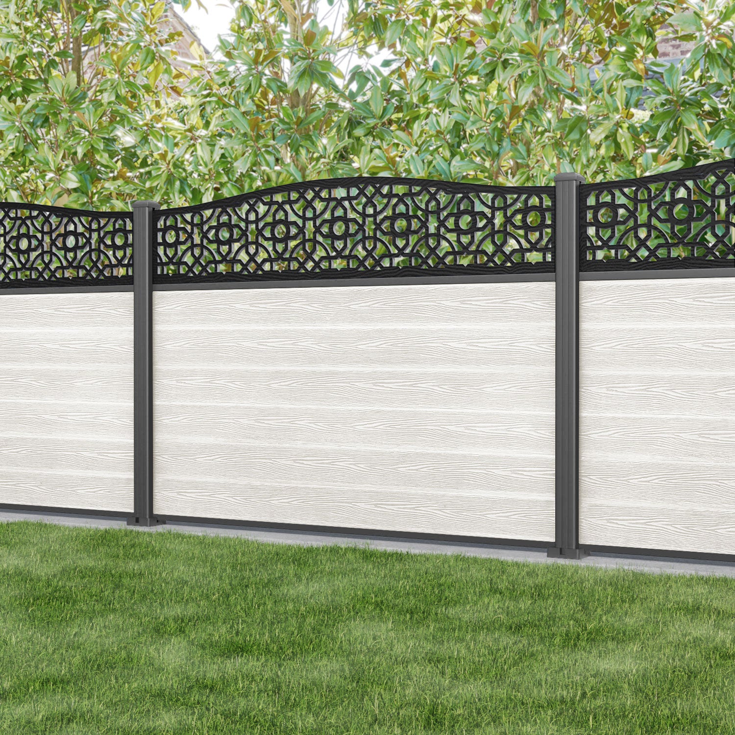 Classic Nabila Curved Top Fence Panel - Light Stone Color with Aluminum Posts | Durable Outdoor Privacy Fence for Backyard, Garden, and Pool Areas