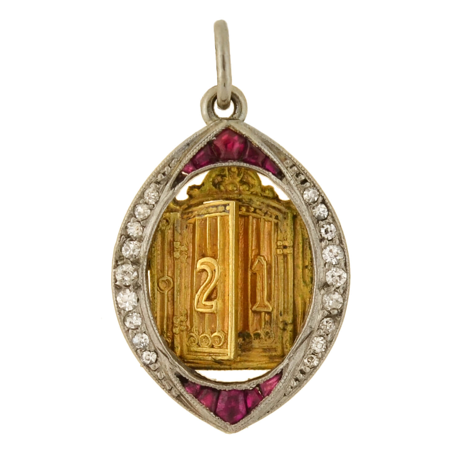 Edwardian Platinum & 14K Gold Ruby Diamond 21 Golden Door Charm Pendant Necklace - Vintage Jewelry Gift for Women, Bridal Party, Anniversary & Special Occasions