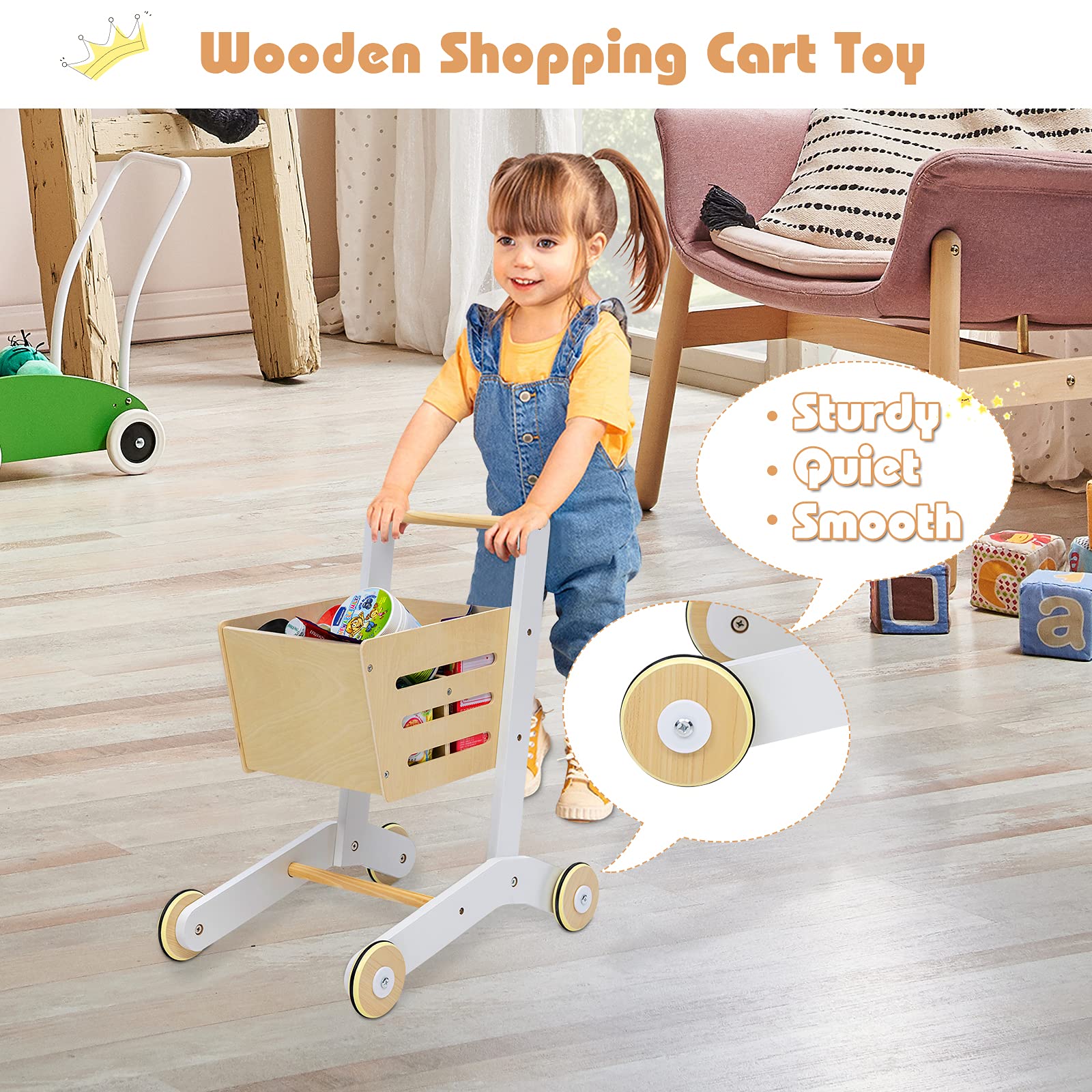 HONEY JOY Wooden Grocery Store Playset for Kids - Pretend Play Supermarket Toy with Shopping Cart, Cash Register, Chalkboard & Play Coins - Educational Role Play Toy for Toddlers & Preschoolers (Play Food Not Included) - Perfect for Home, Classroom & Daycare Pretend Play Activities