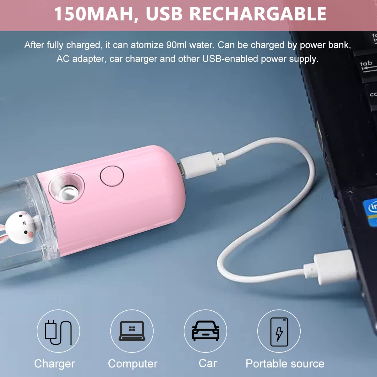 ELEPHANTBOAT® Pink Portable Nano Facial Mist Sprayer 30ml - USB Rechargeable Moisturizing Face Spray Machine with Cute Bunny Design for Skin Hydration & Beauty Care | Perfect for Travel, Office & Home Skincare Routine
