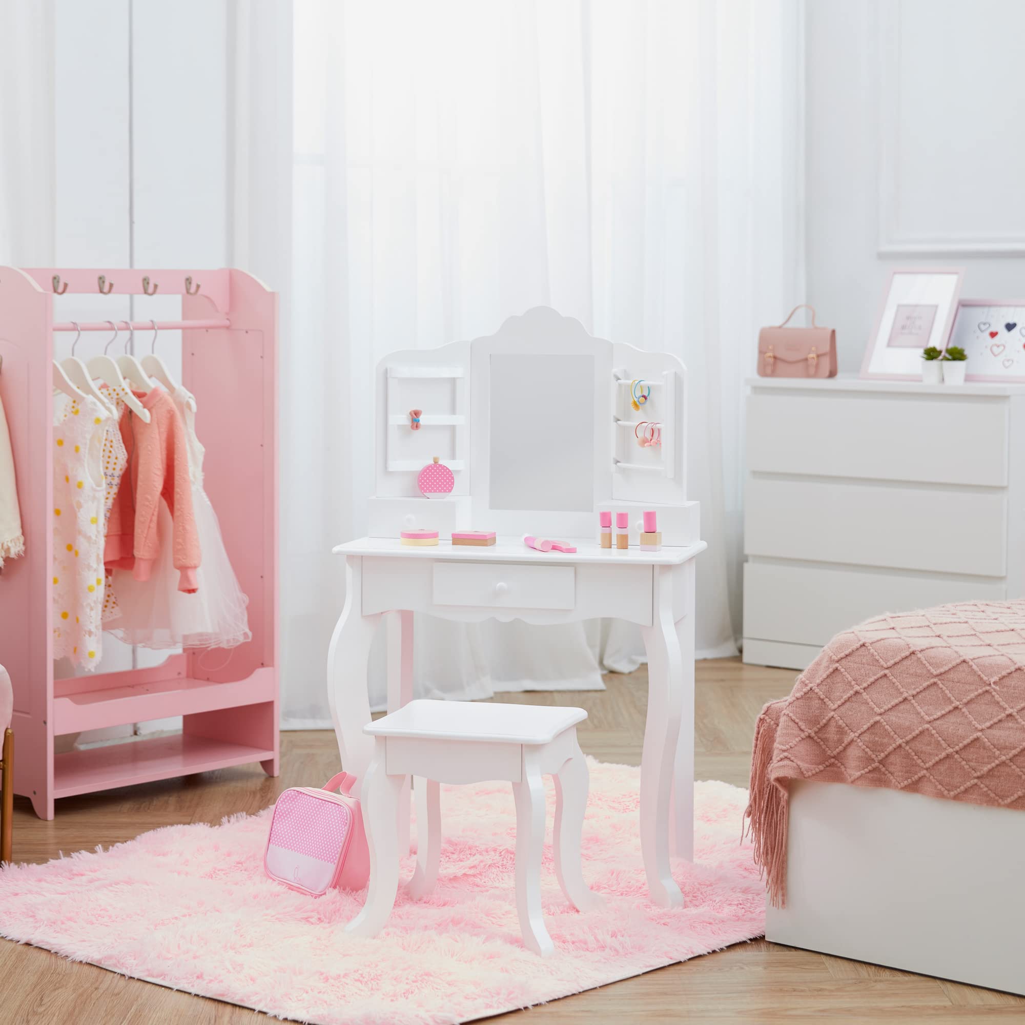 Teamson Kids Little Princess Anna Medium Play Vanity Set - White Vanity Table with Mirror & Stool for Girls Bedroom, Birthday Gift, Pretend Play & Dress Up