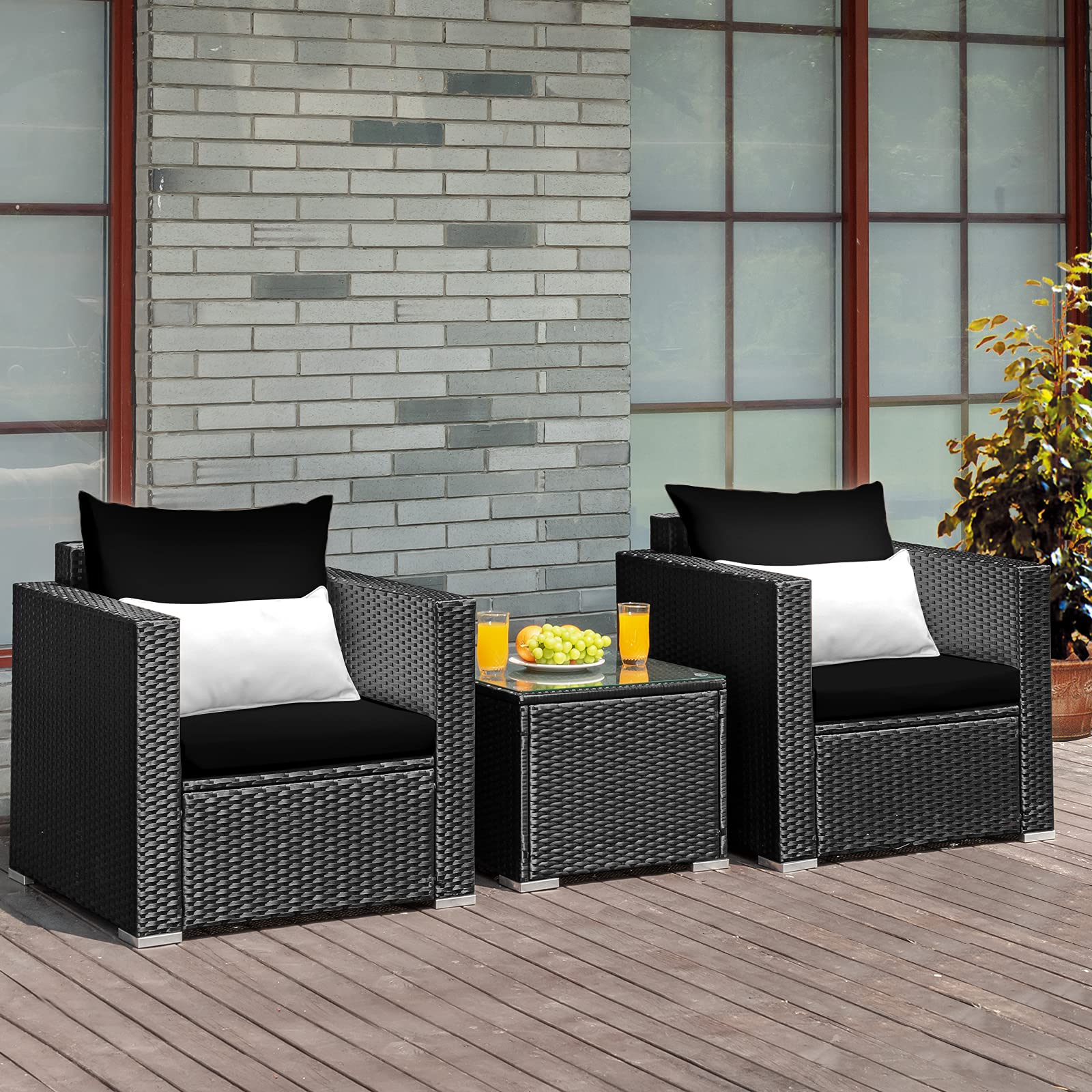 Tangkula 3-Piece Outdoor Patio Furniture Set with Washable Cushions & Tempered Glass Table - PE Wicker Rattan Sofa Set for Garden, Poolside, Balcony - Perfect for Backyard Relaxation and Outdoor Entertaining