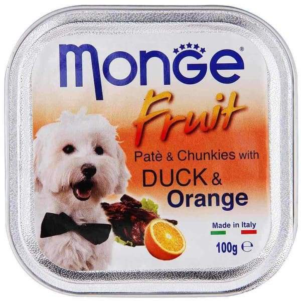 Premium Monge Fruit Duck & Orange Pate with Chunkies Tray Dog Food - 100g Grain-Free Wet Food for Small & Medium Dogs - Perfect for Mealtime, Training Treats & Digestive Health