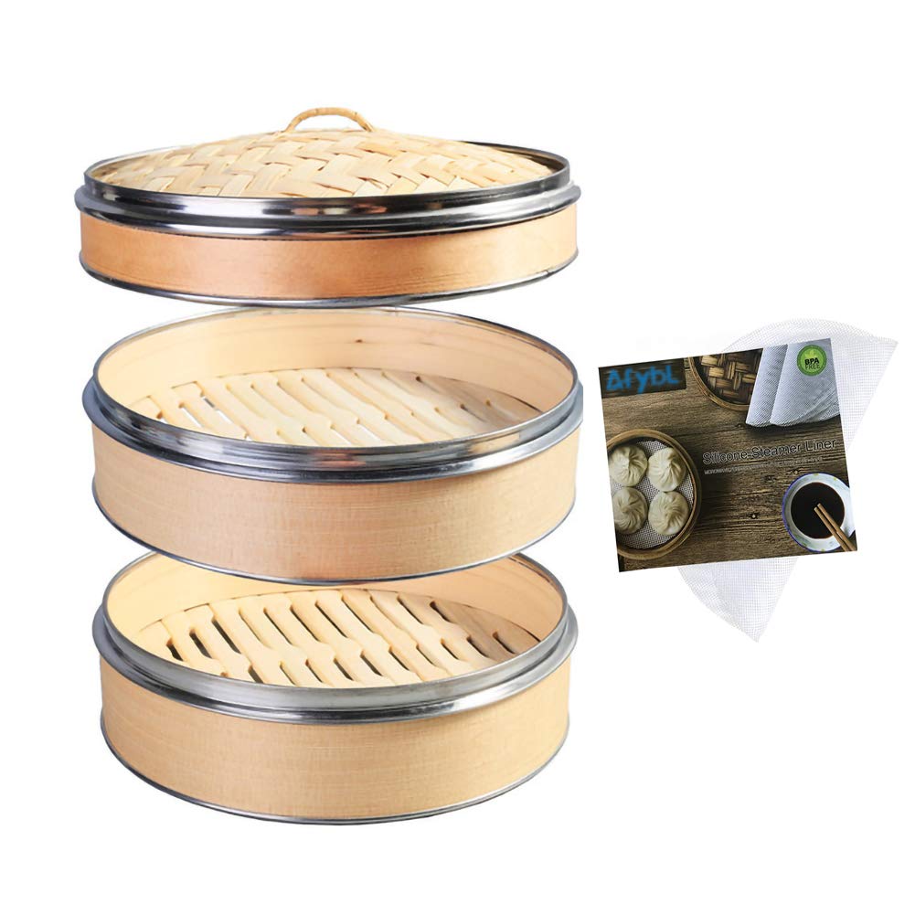 Premium 2-Tier 10 Inch Handmade Bamboo Steamer Basket Set with Stainless Steel Banding - Includes 2 PCS 2