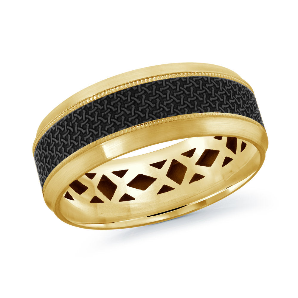 14K Gold Carbon Fiber Men's Wedding Band with Milgrain Edges & Satin Finish - 8mm Wide Comfort Fit Ring for Engagement, Anniversary & Special Occasions
