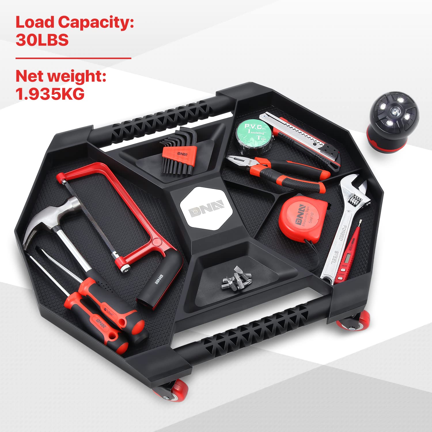 DNA Motoring TOOLS-00200 Black Automotive Rolling Tool Creeper with LED Light - 4 Swivel Casters, 30 lbs Capacity - Perfect for Mechanics & DIY Car Repair Under Vehicle