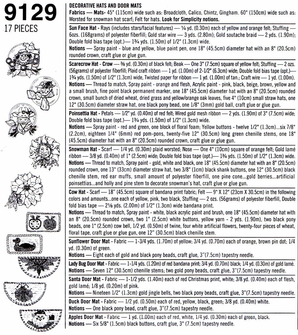 Simplicity 9129 Sewing Pattern for Decorative Hats & Door Mats - DIY Home Decor & Holiday Crafts