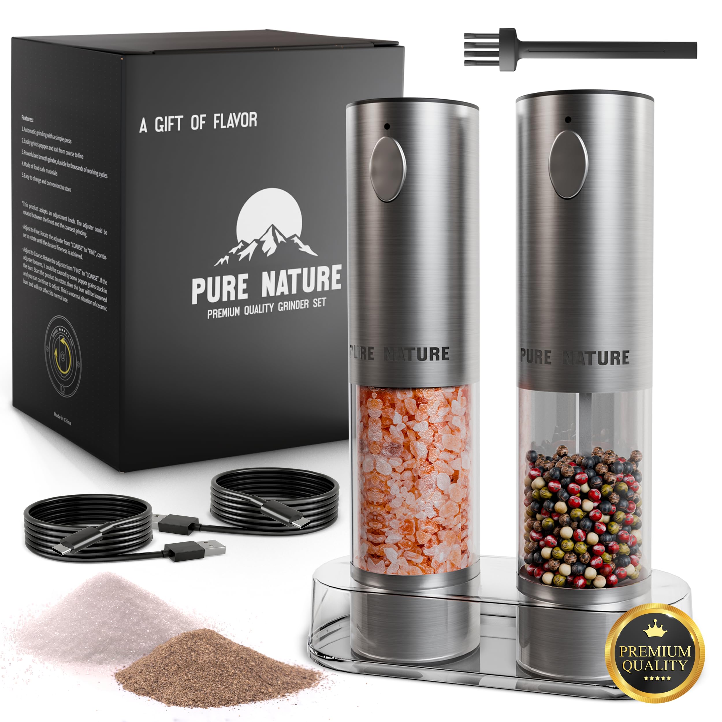 Premium Electric Salt and Pepper Grinder Set - Rechargeable with LED Lights, 5 Adjustable Coarseness, Large Capacity & Type-C Fast Charging - Perfect for Kitchen, Dining Table, Camping & Gifts
